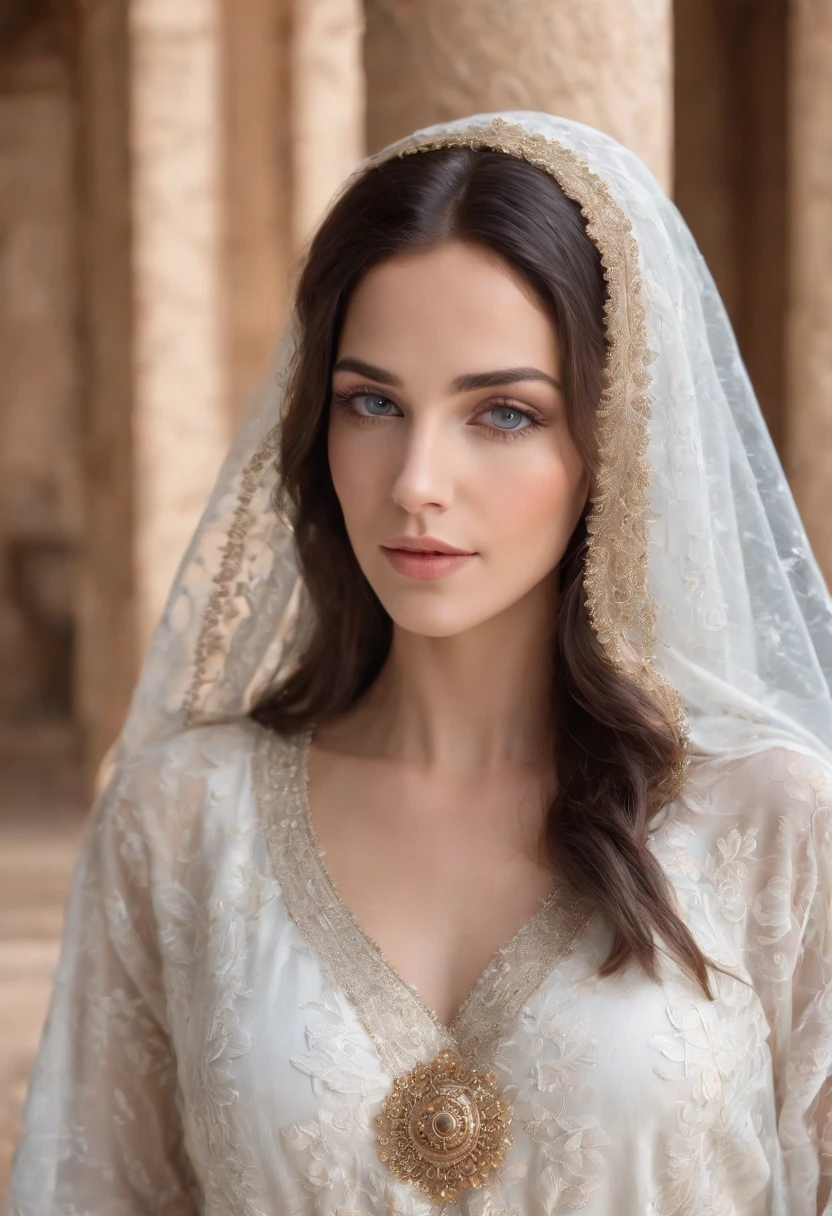 Black-haired woman ,Grayish-blue eyes,white-skinned, Wear Women's White Costume Islamic Kaftan ;veiled,Fitness,Good dresses.,A beautiful , Amazigh jewellery in Andalusia's palaces looks forward,medium:oil painting,detailed clothes,Detailed structure,Detailed patterns on clothes,Flowing sheer dress,Best Quality,Hi-Res,ultra-detailed image,soft lighting,tranquil atmosphere,Beautiful colors.