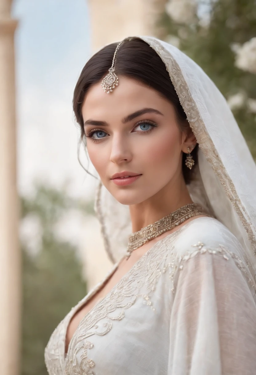Black-haired woman ,Grayish-blue eyes,white-skinned, Wear Women's White Costume Islamic Kaftan ;veiled,Fitness,Good dresses.,A beautiful , Amazigh jewellery in Andalusia's palaces looks forward,medium:oil painting,detailed clothes,Detailed structure,Detailed patterns on clothes,Flowing sheer dress,Best Quality,Hi-Res,ultra-detailed image,soft lighting,tranquil atmosphere,Beautiful colors.