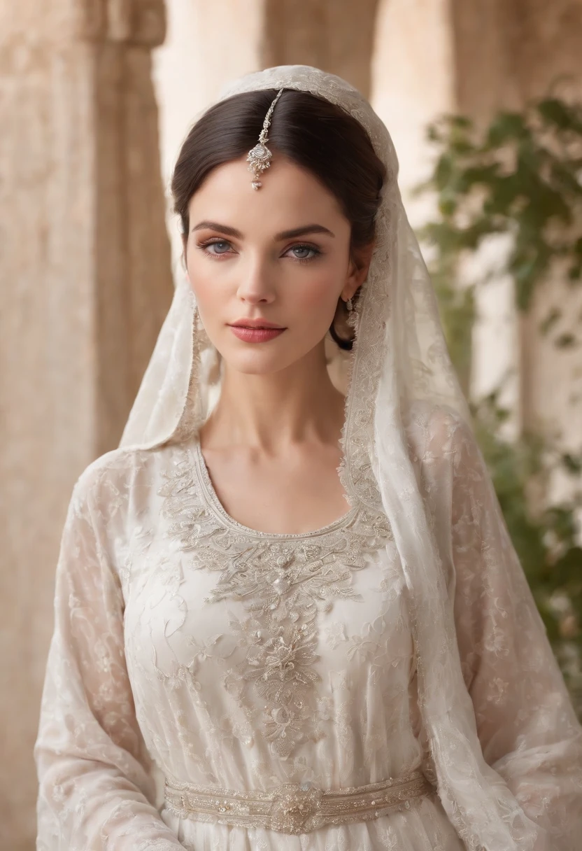 Black-haired woman ,Grayish-blue eyes,white-skinned, Wear Women's White Costume Islamic Kaftan ;veiled,Fitness,Good dresses.,A beautiful , Amazigh jewellery in Andalusia's palaces looks forward,medium:oil painting,detailed clothes,Detailed structure,Detailed patterns on clothes,Flowing sheer dress,Best Quality,Hi-Res,ultra-detailed image,soft lighting,tranquil atmosphere,Beautiful colors.