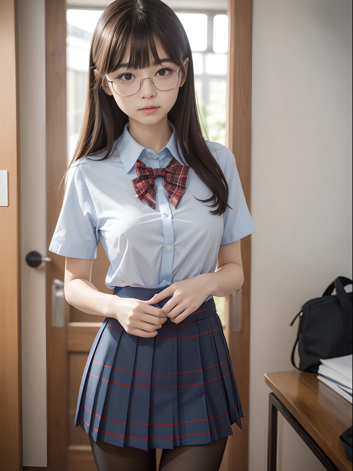 (Underwear is visible)、((Narrow-eyed))、((Narrow-eyed))、((Narrow-eyed))、(8K、Raw photography、top-quality、​masterpiece：1.2),、Has a small、(flat breast)、(flat breast)、(flat breast)、(flat breast)、(flat breast)、(being thin)、light skinned、skin whitening、Dark look、Rasping,glamor,Chromo-white skin,cocky,School,watching at viewers,Looking at the front,Muchimuchi,High-pitched clothing,Erotic,Pupils,de pele branca,kne,((Black pantyhose)),absurderes,a small face,,Forehead visible,Bangs hanging from the left and right sides of the forehead,(a cold expression,Tight eyes,glares,Bullish,irate)、​masterpiece,top-quality、超A high resolution,Raw photo,ren,Beautiful fece,One Person, 独奏,eye glass,,Dark look,Small breasts,fullllbody,Round glasses,JK school uniform,hi-school girl,A Japanese Lady,is standing,（Photorealsitic：1.37）、Photon mapping,Realistic、Beautie,Cute little face,Brown-eyed、Black socks、(Red bow tie)、Radio City、Physically Based Rendering、depth of fields、Blurry background、a picture,Body,beauty legs, Long legs, Thin leg,(Bangs are visible), hair, s lips, Blue_The eye, nosesoft,(Light blue shirt), (Navy and blue and white plaid pleated skirt), Knees are visible,Sheer clothing,, Thigh, Black cotton socks,Nogizaka Idol, 女優, Japanese ido