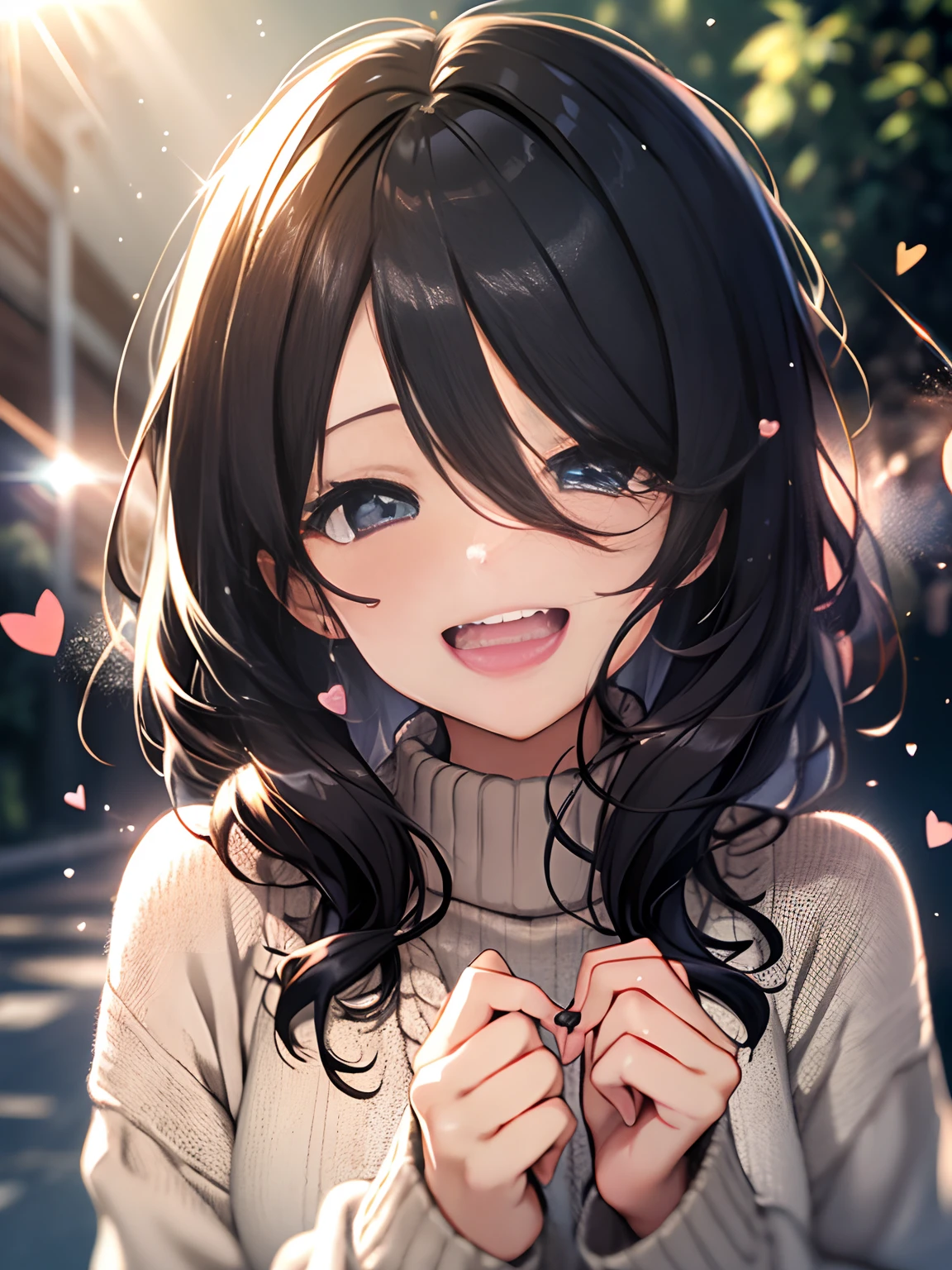 girl with, Black hair, cosy sweater on, Upper body, (great laughter:1.1), (Open mouth:1.1), (Wide open eyes:1.2), Sun glare, Bokeh, depth of fields, Blurry background, light Particle, strong breeze, (Heart particles:1.1), 4K