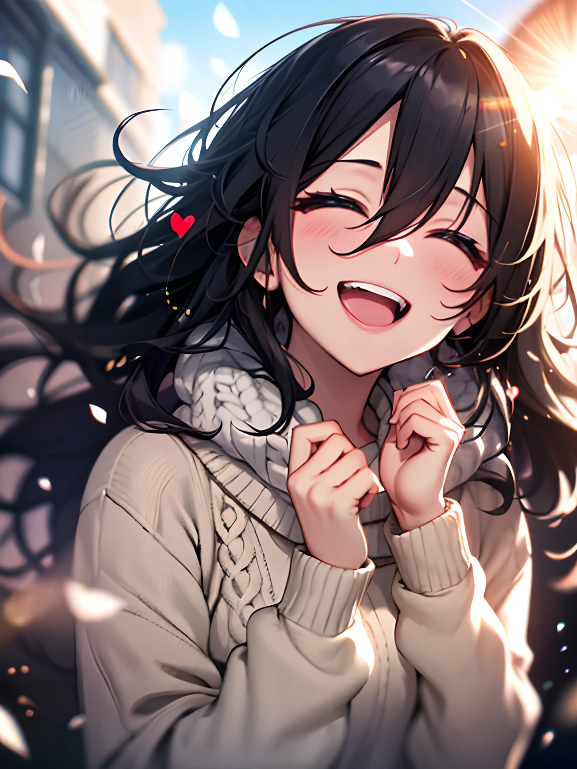 girl with, Black hair, cosy sweater on, Upper body, (great laughter:1.1), (Open mouth:1.1), (Wide open eyes:1.2), Sun glare, Bokeh, depth of fields, Blurry background, light Particle, strong breeze, (Heart particles:1.1), 4K