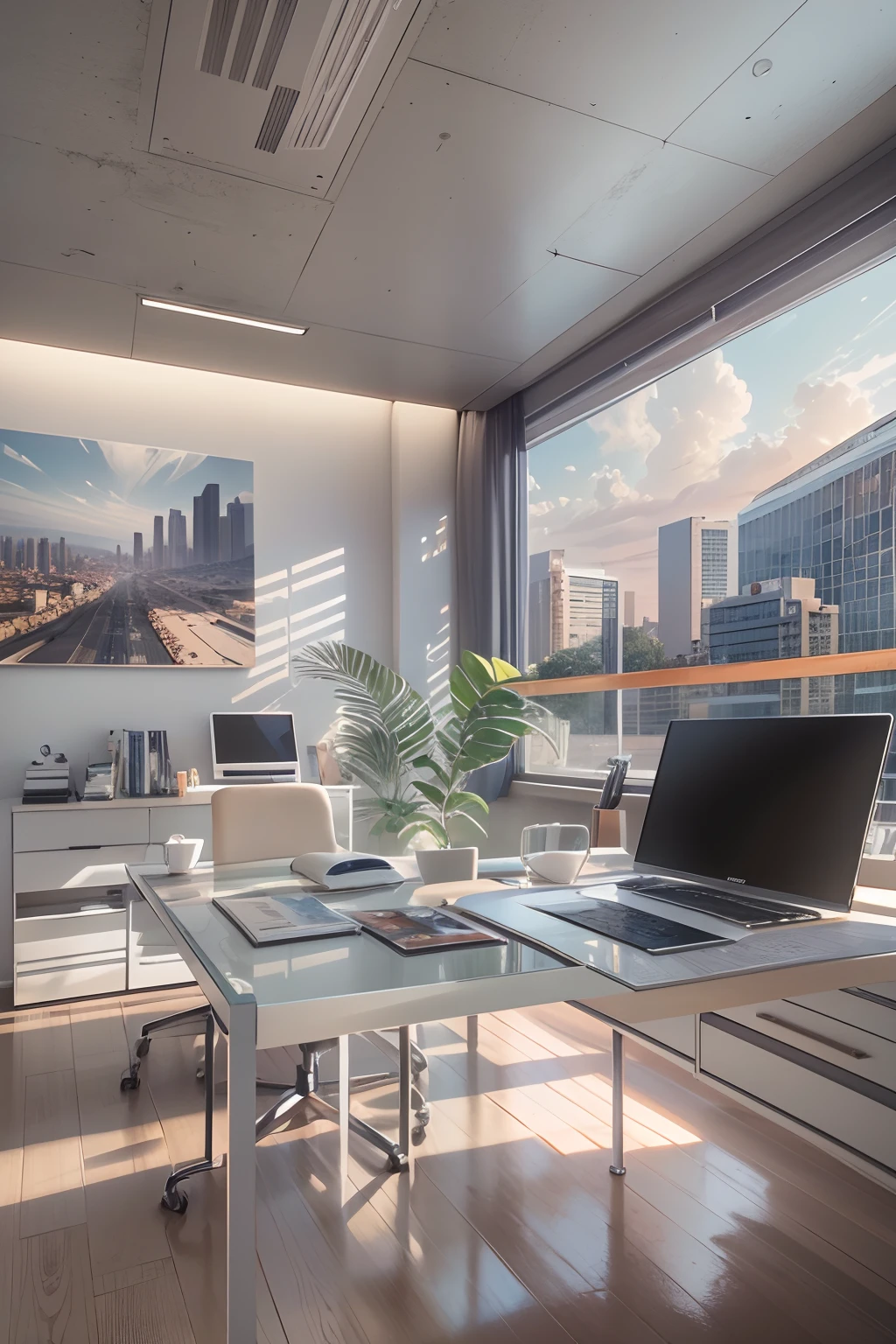 office room,There is a wall in the middle of the office,The painting on the wall is in the middle, Paintings on the walls, skyscape, Large airy windows, Zaha Hadid and Santiago Calatrava landscape panoramic style, Fish, Clear light, Edge lighting, Perfect image, Building summary style, 16k UE5. superfine, 8K, hdr, Product photography, Depth of field, Nikon D850, Ultra-realistic, no contrast, clean sharp focus, professional, No blurring