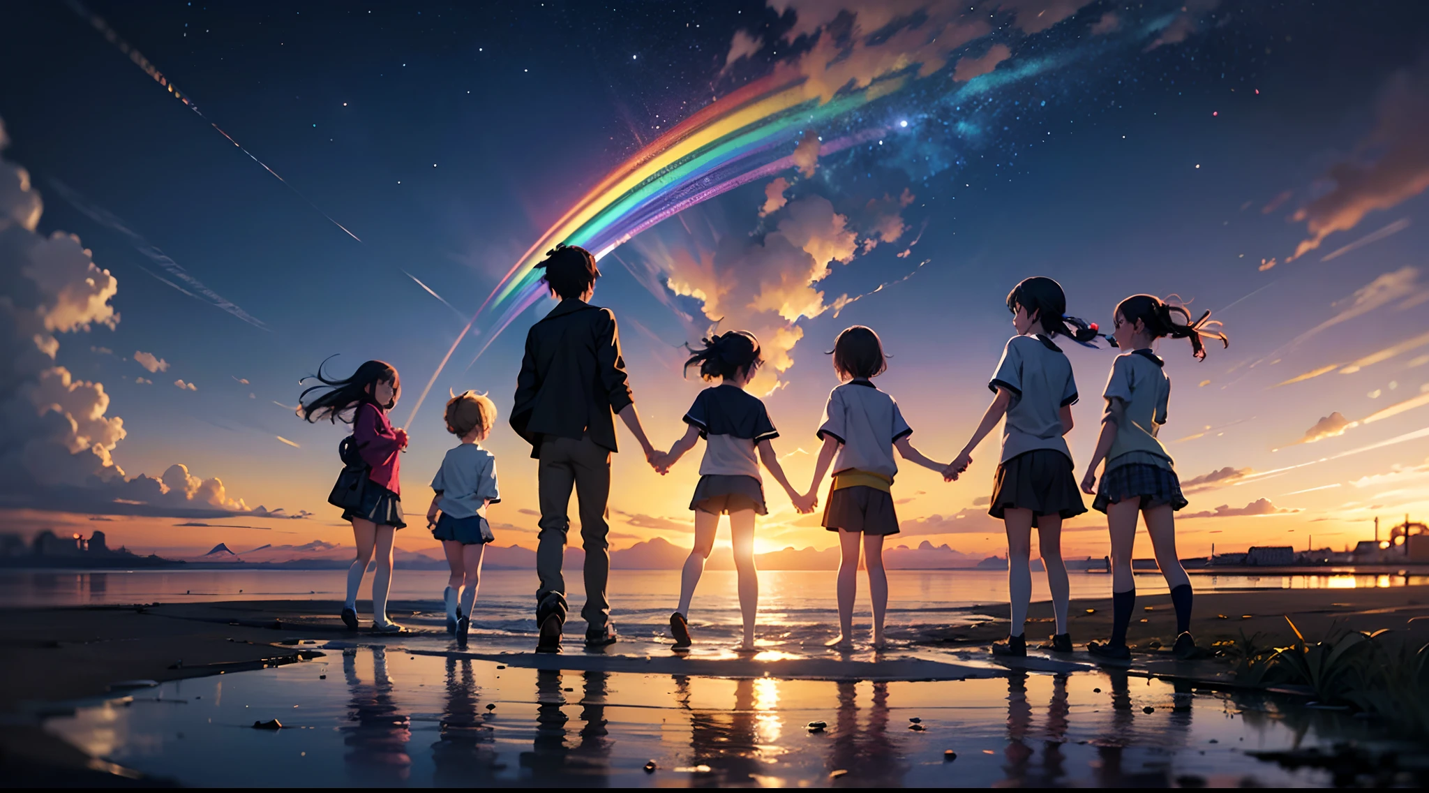 An anime-inspired scene with intricate details where children play happily in a puddle of water. Ensure the highest quality and use HDR, UHD and 64K resolution for a complex composition. Incorporate a vivid, colorful rainbow arcing across the sky. Artists: Hayao Miyazaki, Makoto Shinkai