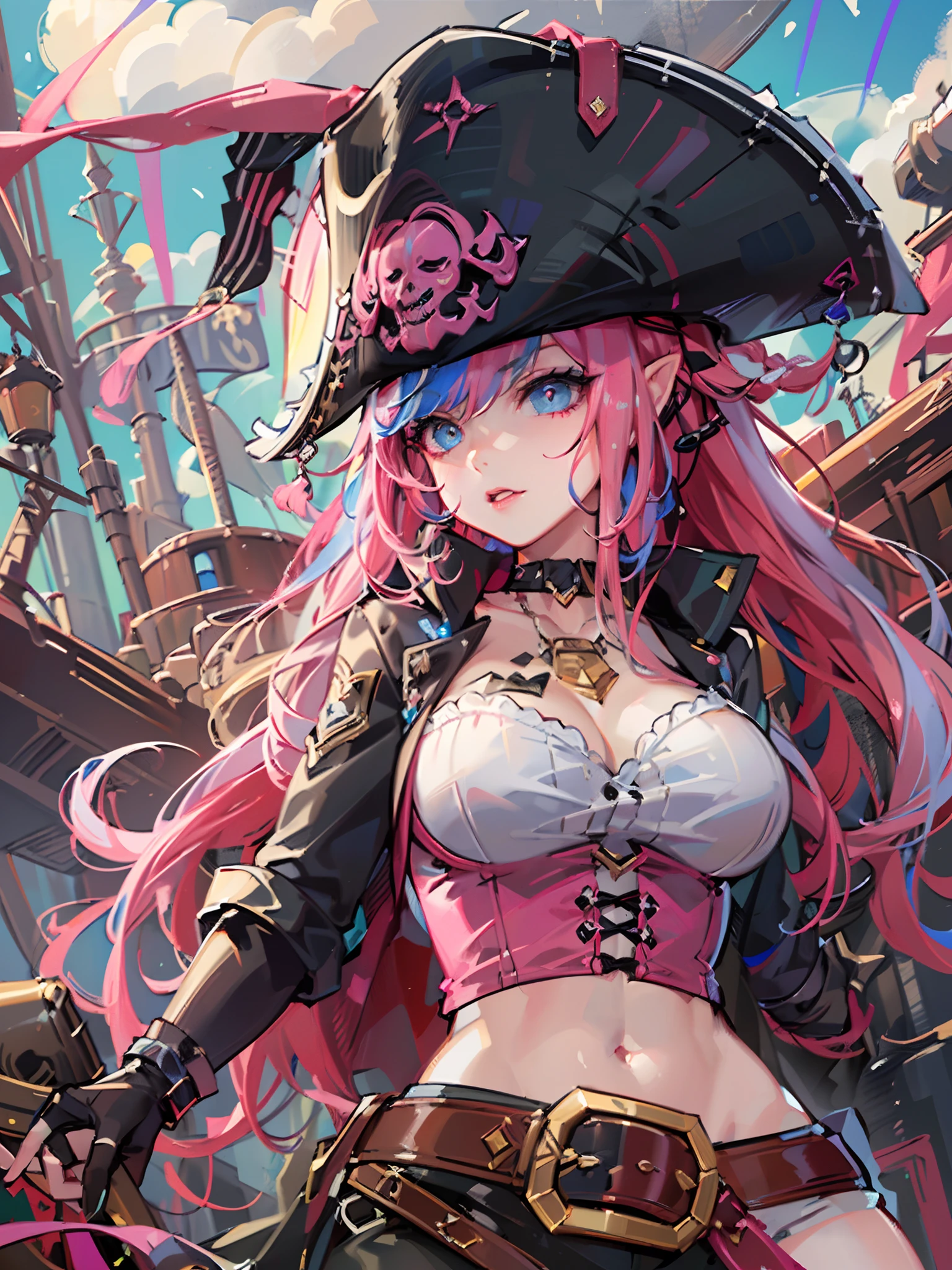 Original, very detailed wallpaper, very detailed illustrations, (1 Girl) , perfect female body, beautiful eyes, (delicate face) , (seductive expression) , eyes, impact,
pirate hat, pirate costume1.5, pirate, pirate ship, red lips, from below1.2, wide , lap1.3, black gloves,(rainbow color Hair, colorful hair, half blue and half pink hair:1.4)
(shiny skin) , (best lighting) , (super-complex detail) , 4K Unity, (super-detailed CG: 1.2) , (8K: 1.2), octane rendering
Dynamic, floating, luminous, League of Legends original painting, wide-angle viewing angle: 2,