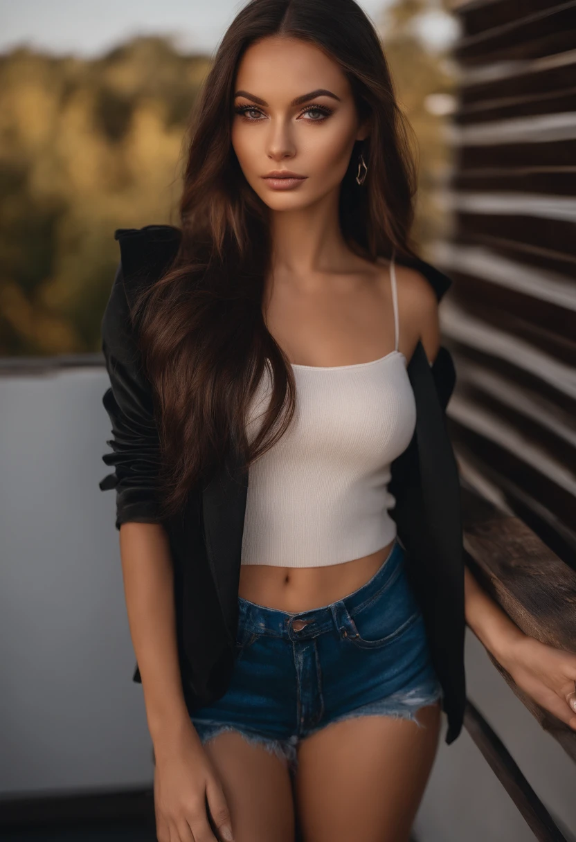 arafed woman with black clothes, sexy girl with brown eyes, portrait sophie mudd, brown long hair and siren eyes, selfie of a young woman, bedroom eyes, violet myers, without makeup, natural makeup, looking directly at the camera, face with artgram, subtle makeup, stunning full body shot, on a balcony having mountains behind her, cleavage, medium lips with brown shade, many photos from different angles