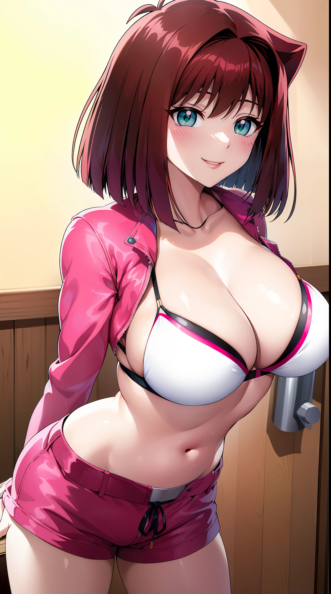 巨作, Best Quality, highres, Amazake, (Antenna hair:1.2), smile, Navel huge breasts Mazaki Anzo Kyoko Masaki / Yu Ji Oh! Cyan eyes Bright yellow bra pink jacket pink shorts earrings green eyes closed mouth smile Red Lip