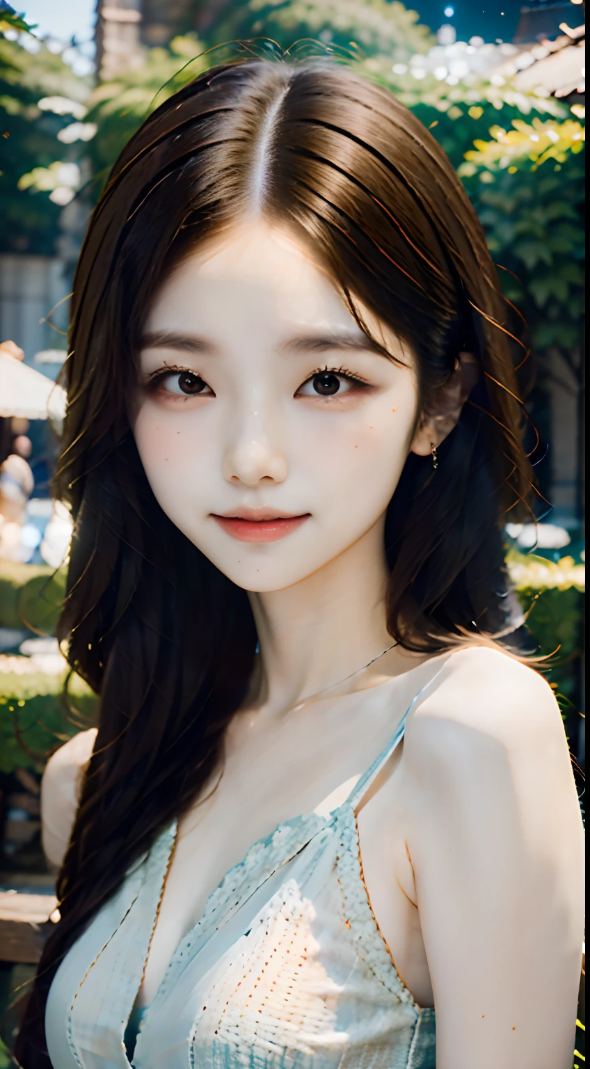 masutepiece, Best Quality, 8K, , Teen, Raw ph absurderes, award winning portrait, Smile, Smile, Solo, Night, neons, Idol face, violaceaess, gardeniass, Delicate girl, Upper body, Digital SLR, Looking at Viewer, Candid, Sophisticated, zora々Right, Thin arms, Professional Lighting, Film grain, chromatic abberation, (Eyes and faces with detailed:1.0), (Bokeh:1.1),intricate lace、complex dress、intricate hair ornament、Complex earrings、Complex necklaces、Beautiful breasts、