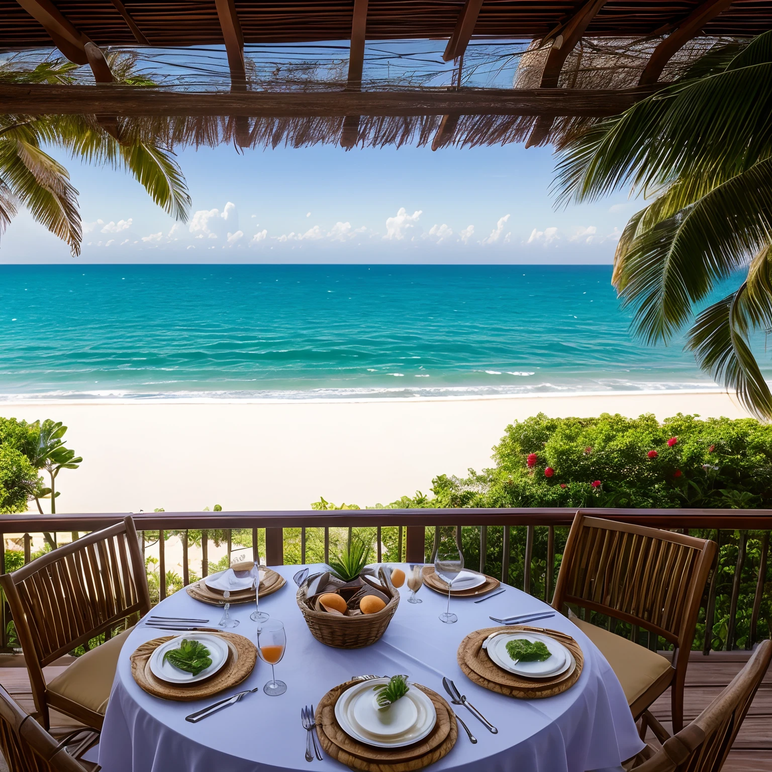 Fotografia realistica, alta nitidez, There is a basket of food and drinks on a table, Alimentos comerciais 4K, morning coffee, Buffet, Bom dia, grande obra-prima, vista de praia ao fundo, Detalhe excepcional, morning coffee, beach setting, television show, cena vibrante, paradise in the background, lindo dia ensolarado, Tarde, mediterranean, surrado, imagem de alta qualidade, in a beachfront environment, cinematic still