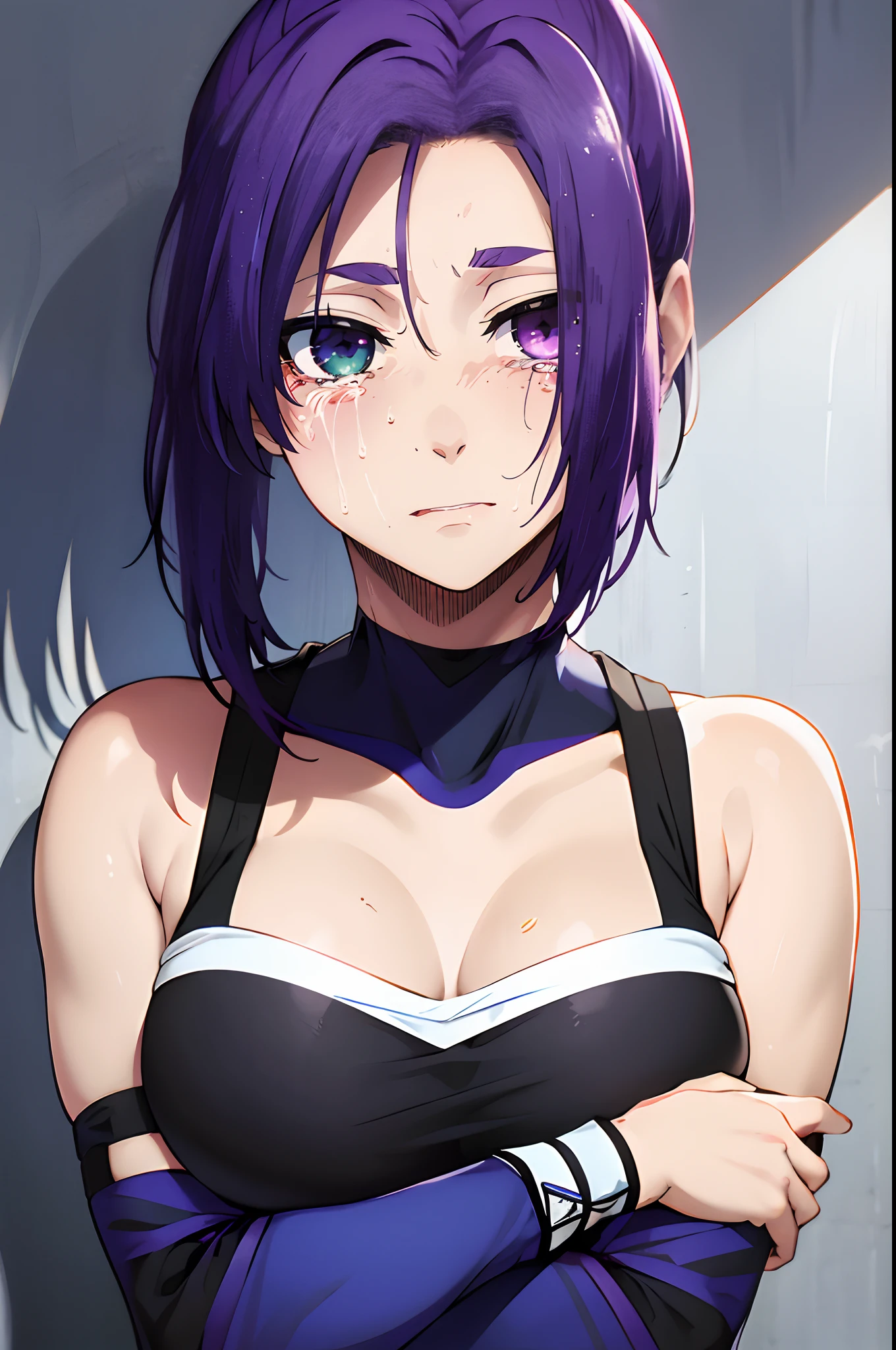 Heterochromia, green eyes, purple eyes, tears, crying face, red blush