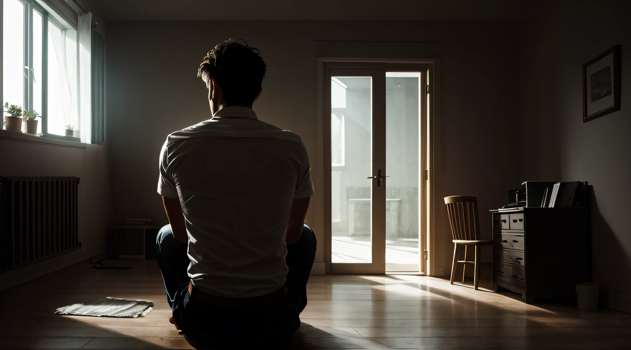 A man is sitting inside a dark room, the picture is taken from behind the man, there is a terrible situation