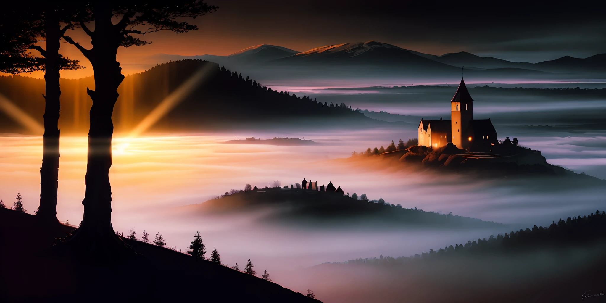Realistic dark oil painting of a medieval village at sunrise, moussu, brouillard, brumeux, ombre, Mysterious, mithical, Sombre, Rays of light shine through the woods, ambiance, profondeur de champ, volumeric lighting, lighting cinematic, morose, Heavy darkness, Ciel noir, Low-angle perspective, par Eyvind Earle