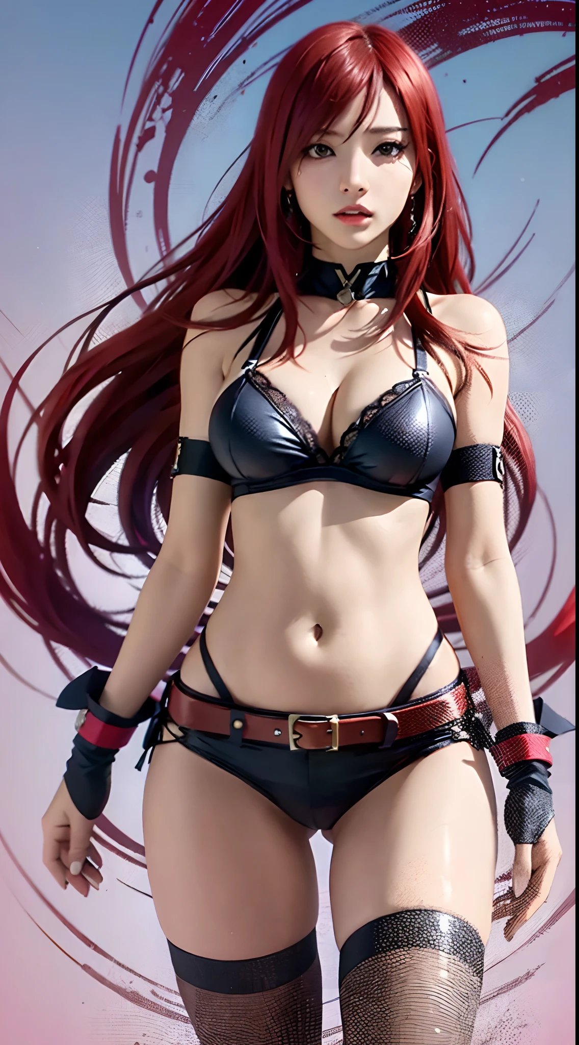 1girl, solo, erza scarlet, fairy tail, red hair, brown eyes, without outfit, no outfit, navel, long hair, cleavage, hair over one eye, large breasts, midriff, looking at viewer, full body, 4k wallpaper, HD wallpaper, 4k art, sexy, hot girl,