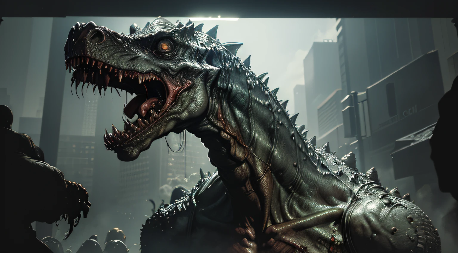 zombified dinosaur in a horror sci fi scenario, t rex, horror sci fi, creepy background, ultra detailed, photorealistic, masterpiece.