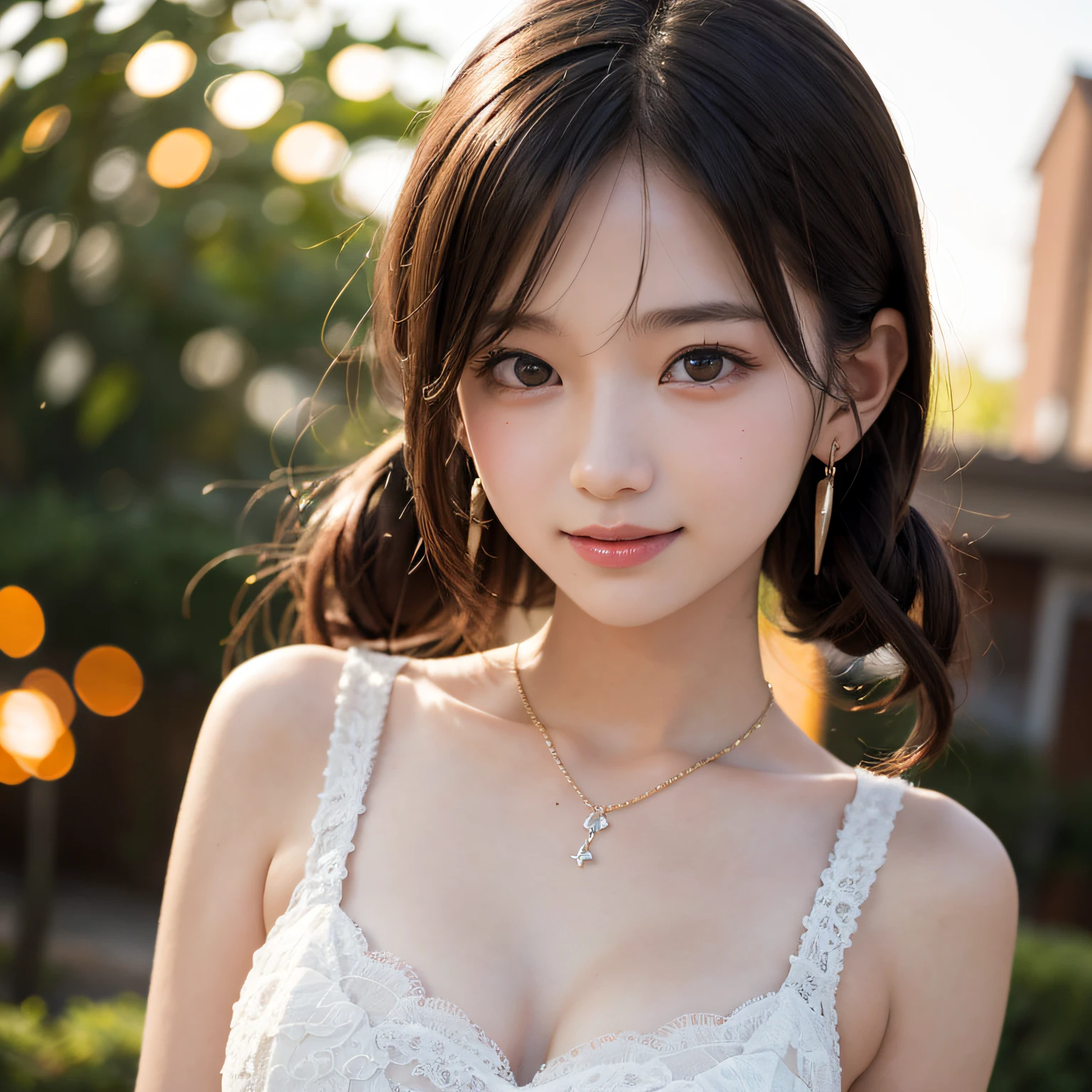 2 girls in、twintails hair,masutepiece, Best Quality, 8K, , Teen, Raw ph absurderes, award winning portrait, Smile, Smile, Solo, Night, neons, Idol face, violaceaess, gardeniass, Delicate girl, Upper body, Digital SLR, Looking at Viewer, Candid, Sophisticated, zora々Right, Thin arms, Professional Lighting, Film grain, chromatic abberation, (Eyes and faces with detailed:1.0), (Bokeh:1.1),Luxurious dresses、intricate lace、intricate hair ornament、Complex earrings、Complex necklaces、Beautiful breasts、