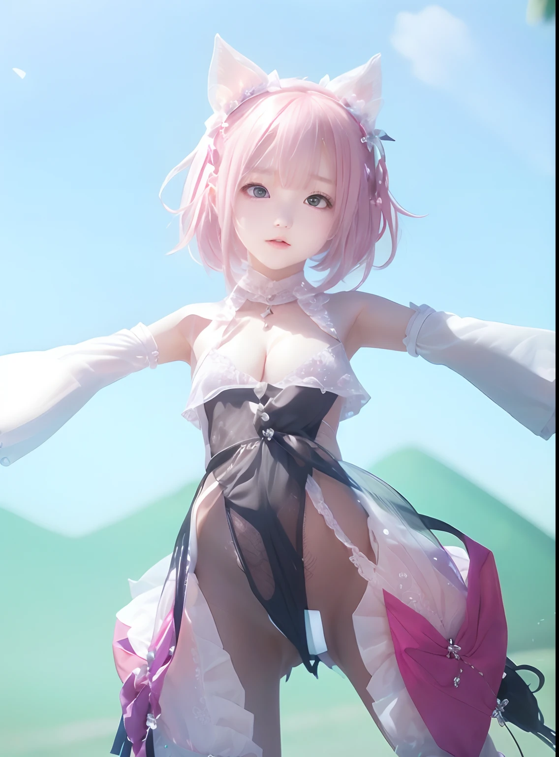 1girl, cat bandana, pink hair, short hair, white dress, realistic, ultra detail, 8k,