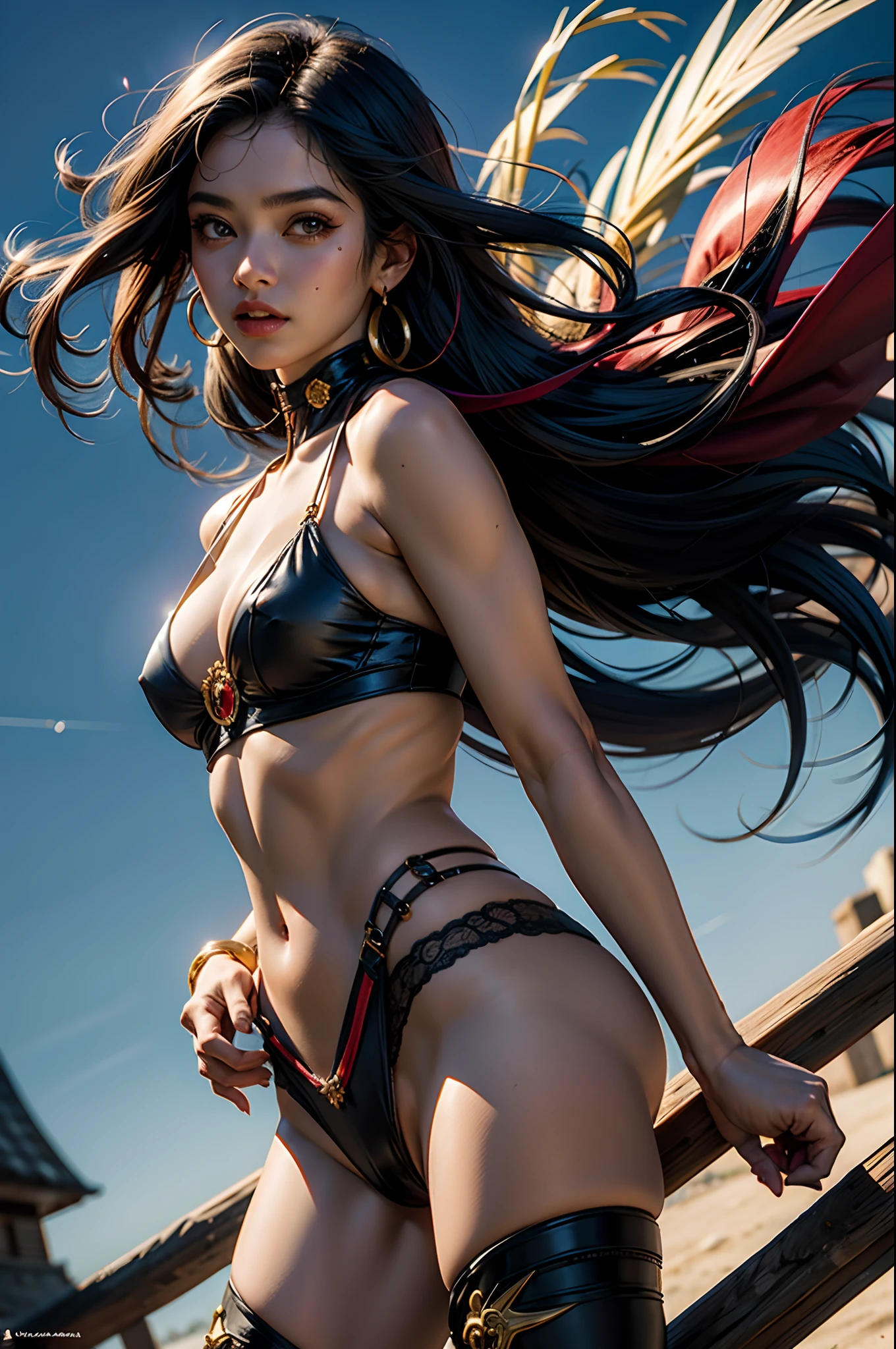 uma mulher em uma capa vermelha e cueca preta segurando uma moeda de ouro, Artgerm extremamente detalhado, Preto - Mago Cabelo, Modelo IG | Artgerm, gama murata e Artgerm, como visto no Artgerm, mulher bonita sedutora do anime, uma bela feiticeira, trending artgerm, feiticeira bonita, estilo Artgerm