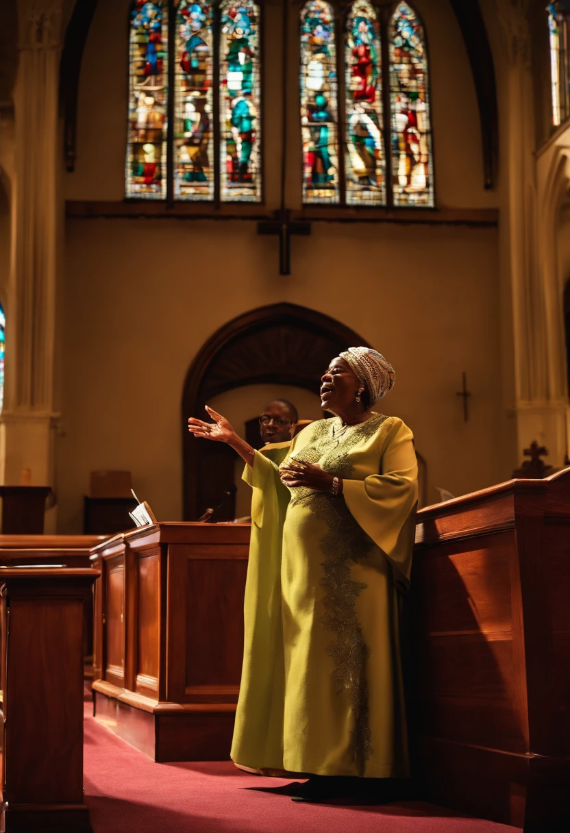 Generate a caption for an image of a 70-year-old African-American woman preaching from a church pulpit.