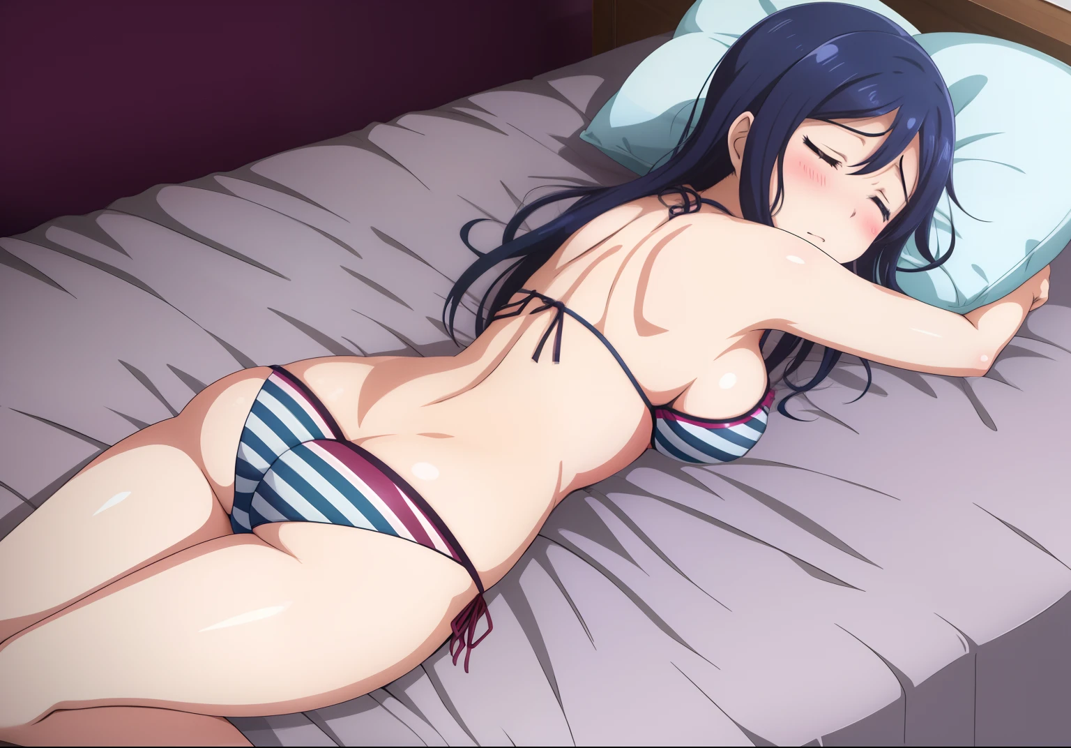 matsuura kanan, sleeping on bed, by zerochan , seductive anime girl, ecchi anime style, ecchi, striped bikini,big breasts,solo, hugging pillow,dark, dessert oisis, red dim light