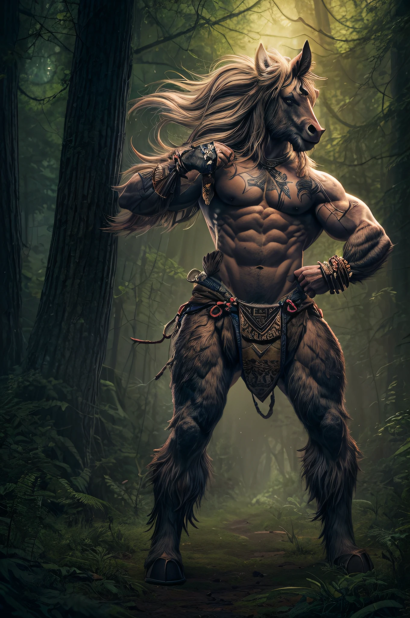 A Centaur with characteristic Horse Head wearing loin cloth in A Old Forest At Night,dynamic and imposing pose, Anthro, Horse head, Muscular human torso, Ripped muscular, furry, tattoos tribal