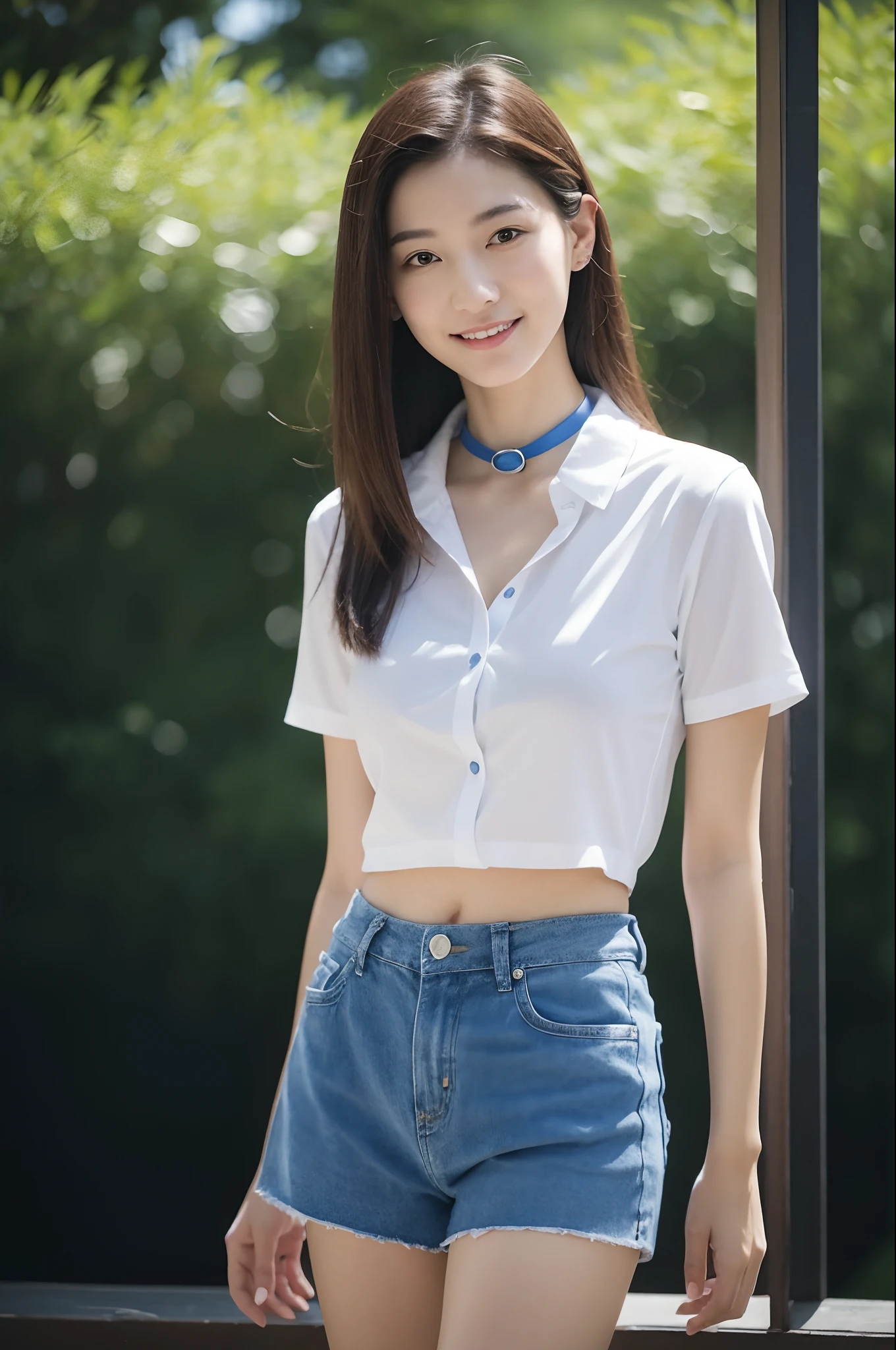 Best quality, Masterpiece, 超高分辨率, RAW photo, (Photorealistic:1.4), 1girll, Detailed face, Cowboy shot, In (White shirt with blue collar, Blue sport shorts),Large breasts,Unbuttoned clothes,cleavage,(Narrow waist:1.2), Long hair, On campus, Bokeh, Beautiful lighting, model posing,Smile,