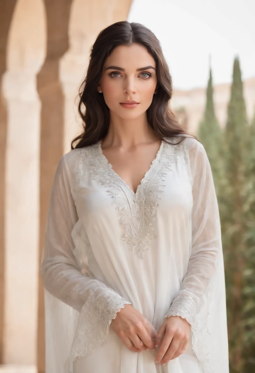 Black-haired woman ,Grayish-blue eyes,white-skinned, Wear Women's White Costume Islamic Kaftan ;veiled,Fitness,Good dresses.,A beautiful , Amazigh jewellery in Andalusia's palaces looks forward,medium:oil painting,detailed clothes,Detailed structure,Detailed patterns on clothes,Flowing sheer dress,Best Quality,Hi-Res,ultra-detailed image,soft lighting,tranquil atmosphere,Beautiful colors.