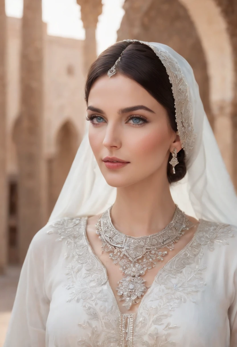 Black-haired woman ,Grayish-blue eyes,white-skinned, Wear Women's White Costume Islamic Kaftan ;veiled,Fitness,Good dresses.,A beautiful , Amazigh jewellery in Andalusia's palaces looks forward,medium:oil painting,detailed clothes,Detailed structure,Detailed patterns on clothes,Flowing sheer dress,Best Quality,Hi-Res,ultra-detailed image,soft lighting,tranquil atmosphere,Beautiful colors.