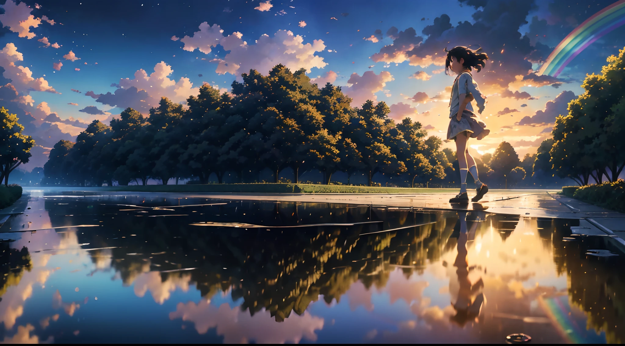 An anime-inspired scene with intricate details where children play happily in a puddle of water. Ensure the highest quality and use HDR, UHD and 64K resolution for a complex composition. Incorporate a vivid, colorful rainbow arcing across the sky. Artists: Hayao Miyazaki, Makoto Shinkai