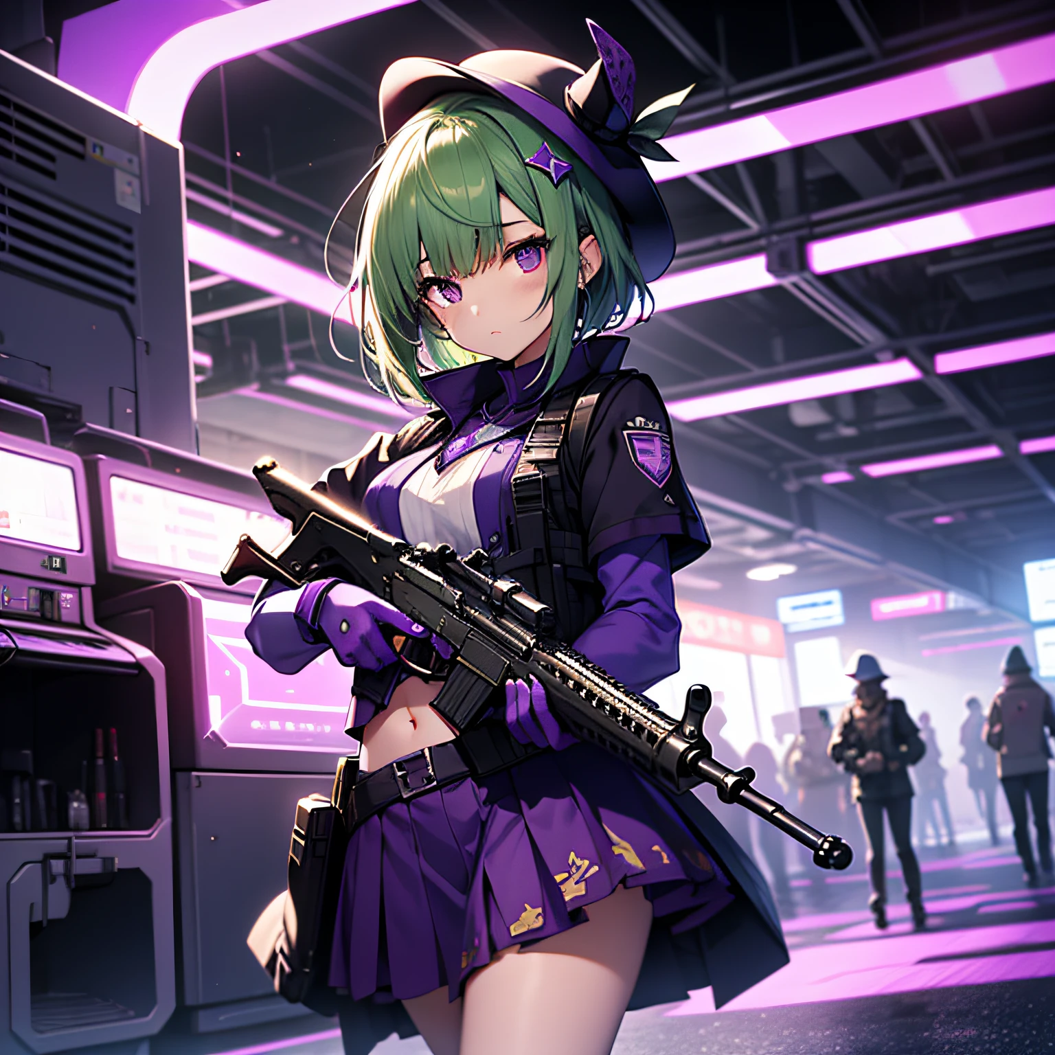 top-quality、extremely delicate and beautiful、(A teenage girl)、Purple Eye、Green hair、short-haired、(Purple pointy hat)、Purple tie、Soio、shortsleeves、Purple skirt、Navel,Tactical Vest、shortsleeves、Purple skirt、((Holding a submachine gun in both hands))、Midnight background、is standing