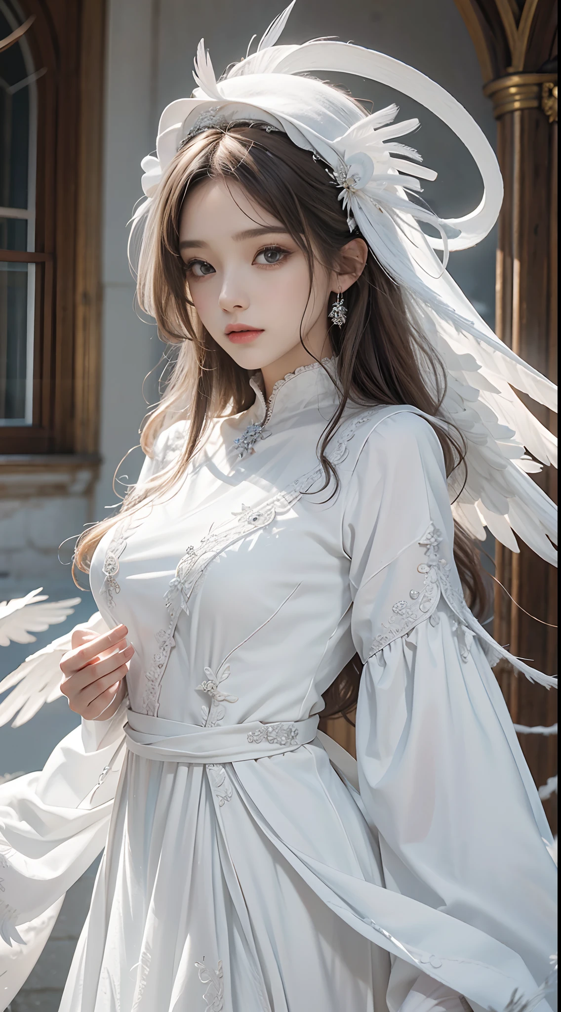 Beautiful angel in white dress, Art stands tall, Halo, White feathers