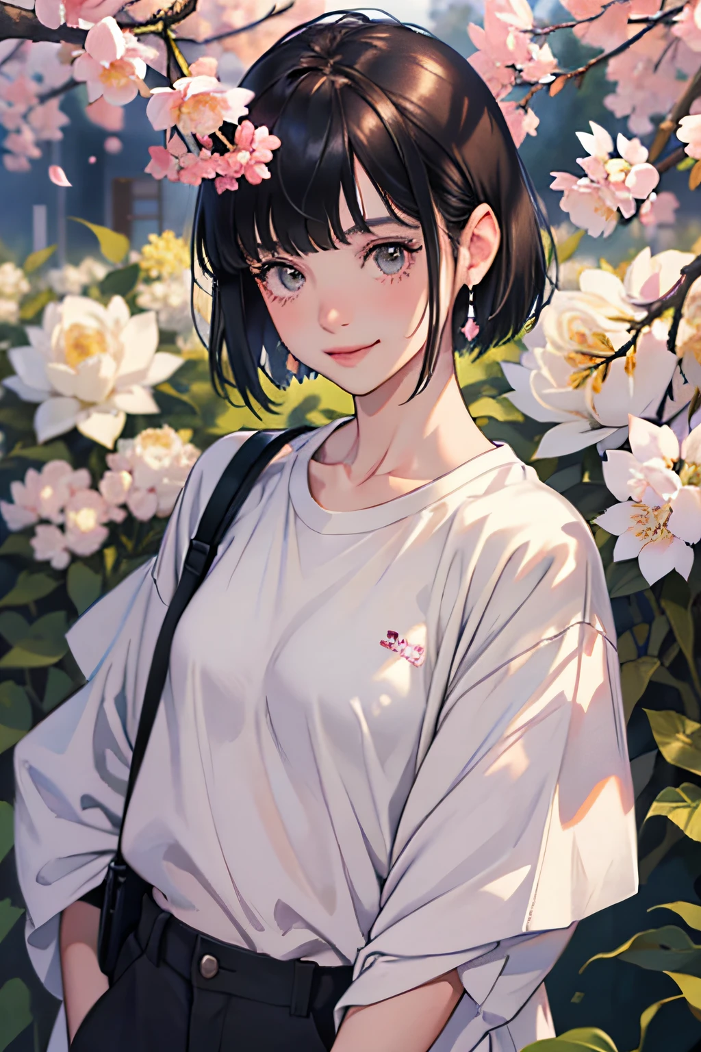Young woman 25 years old : 1.3, Short black hair: 1.2, Daytime: 1.2, Casual wear: 1.2, a smile: 1.2, sakuras are in full bloom, gal peace, Look at viewers, Super Detail, Textured skin, high detailing, Best Quality, 8K,thin bangs