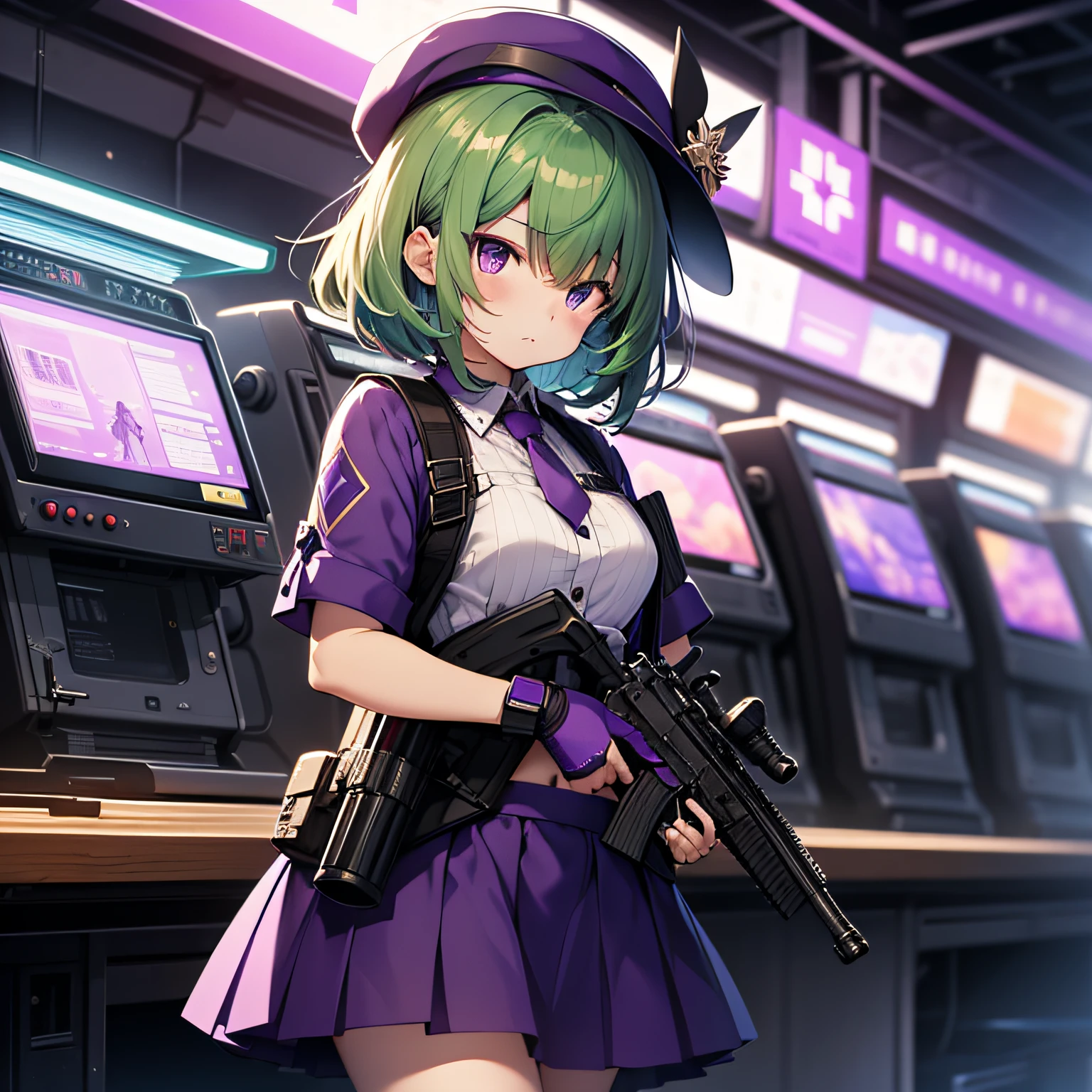 top-quality、extremely delicate and beautiful、(A  girl)、Purple Eye、Green hair、short-haired、(Purple pointy hat)、Purple tie、Soio、shortsleeves、Purple skirt、Navel,Tactical Vest、shortsleeves、Purple skirt、((Holding a submachine gun in both hands))、Midnight background、is standing