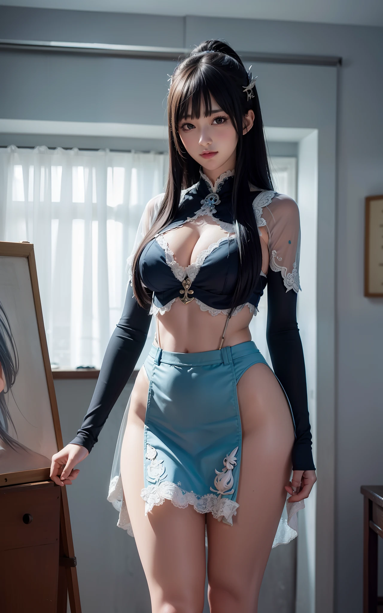 Long blue hair,hentail realism, shadowing,,character sheets, reference sheet, Standing painting, 8K, Super detail, 1080p, Women's HD,femele, 16k, A high resolution, Best quality, High quality, Anatomically correct, Masterpiece, ccurate, hyper HD,As graceful as a swan,unreal-engine, Ghibli-like colors, anime big breast, Standing painting, angle of view,battle armor,ssee-through,Lace skirt,Fluorescence