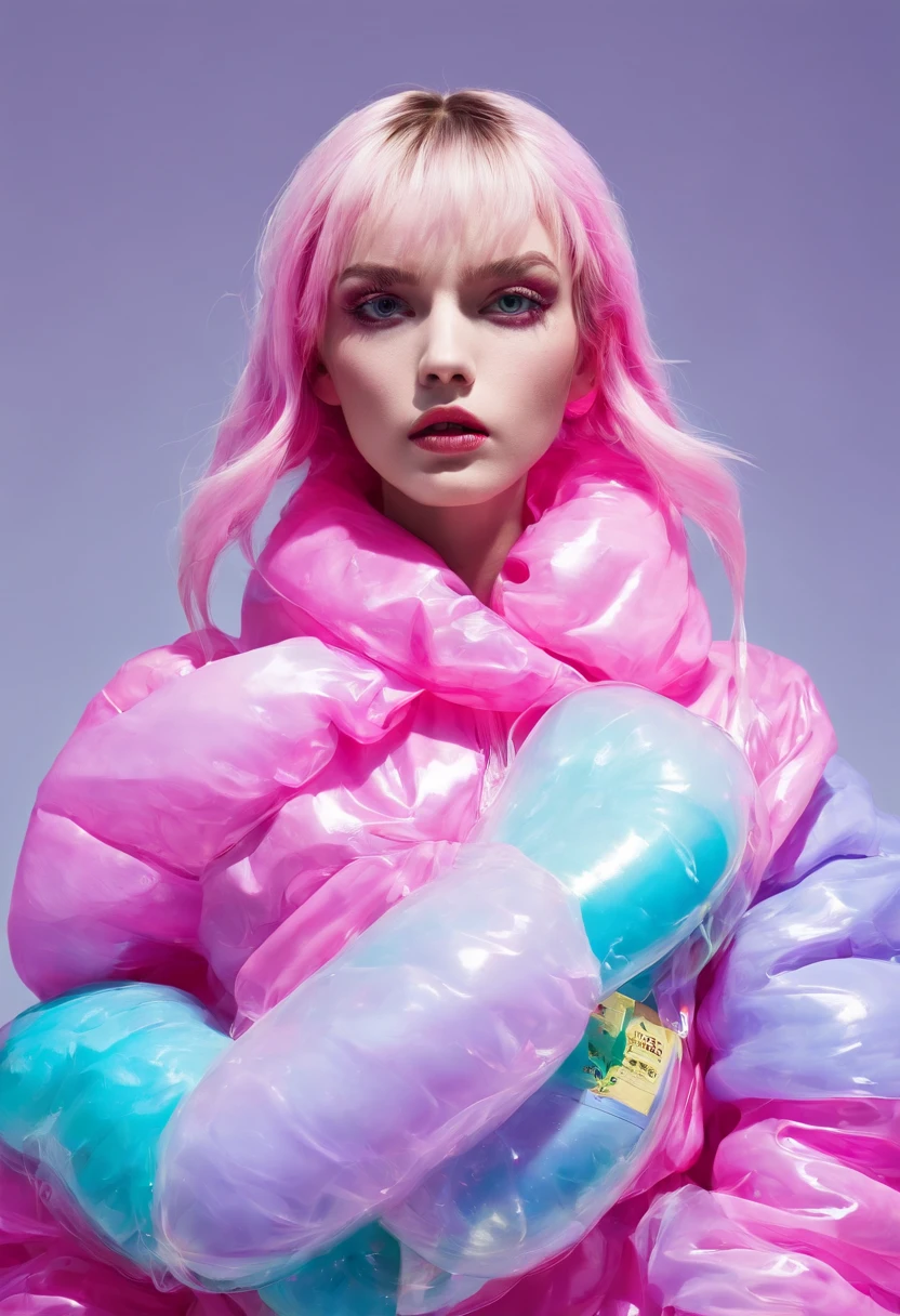 editorial fashion, beautiful woman, weird hairstyle, model, weird fashion, vibrant, plastic bag, weird fashion, bubble, big jacket, striking pose, harsh lighting, perfect composition, symmetry, detailed