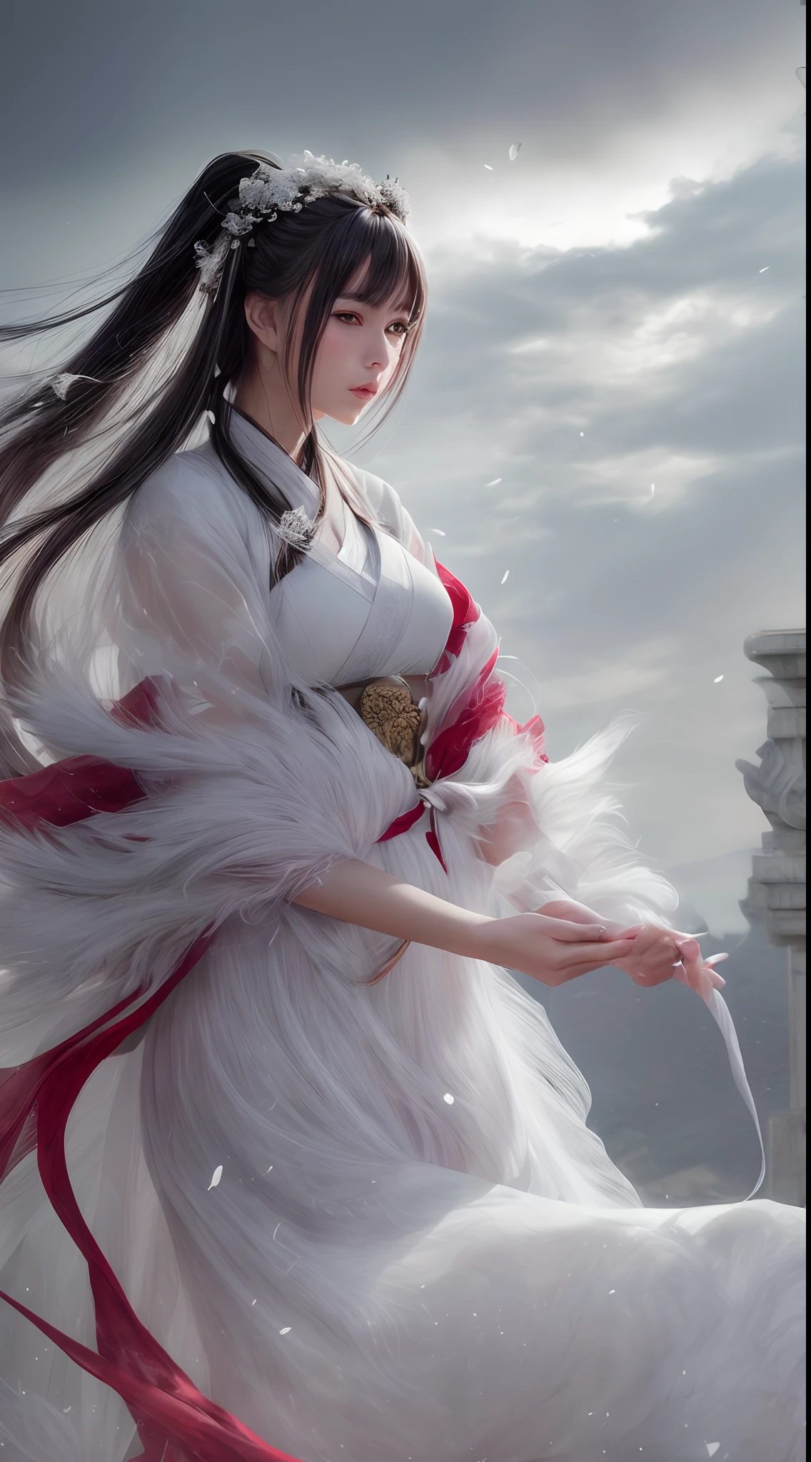 (Best quality,4K,A high resolution,Masterpiece:1.2), Ultra-detailed, Realistic, Black and white hanfu with black embroidery, Elegant white ponytail, long and flowing hair, White mask, A mask fluttering in the wind, Fringed Hair Ornament, Peony flower, Ancient style, oversized sleeves, Dynamic posing, Dramatic composition, Falling petals, red waistband, intricate background, Ancient architecture, A thin mist and thick clouds, Swirling clouds, Cinematic lighting, Complex feather background.