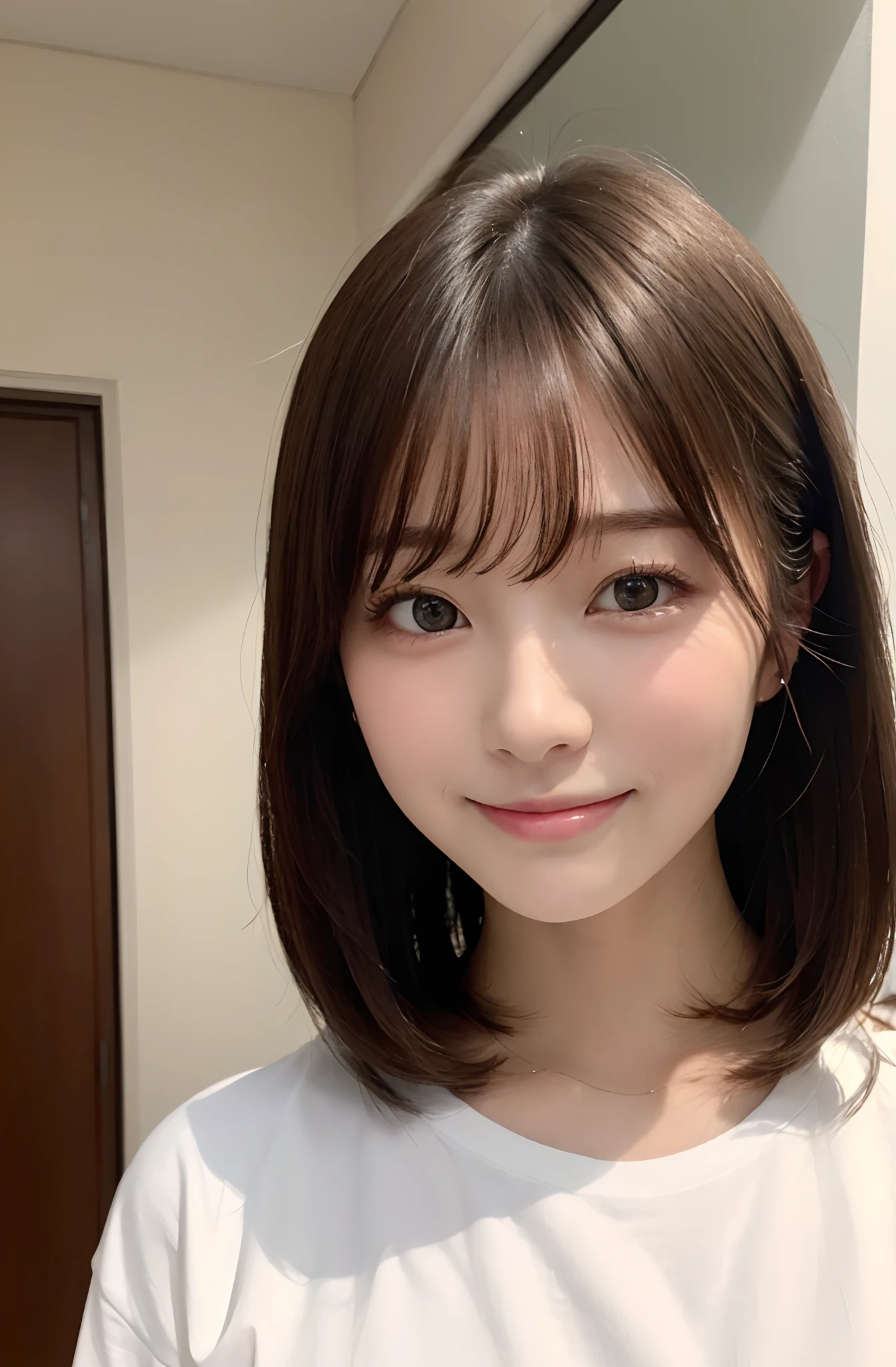 (masutepiece:1.5)、(top-quality:1.5)、(16k wallpaper:1.2)、(Photorealsitic:1.2)、(ultra-detailliert:1.2)、(超A high resolution:1.2)、super-detaild skin、Detailed and clean eyes、Natural Color Lip、Stand in front of the mirror at home、Full body like、Japan 18-year-old woman、Are sleeping、Semi-long bob hair、large full breasts、White oversized t-shirt、(White ordinary panties)、embarrassing smile、bright red cheeks、Seen from the front