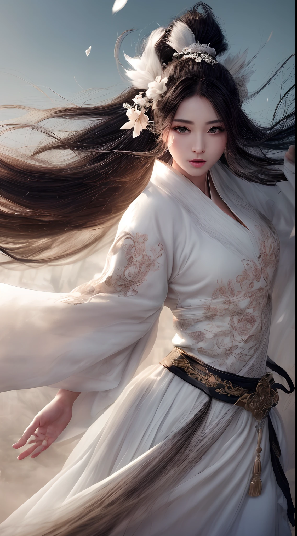 (Best quality,4K,A high resolution,Masterpiece:1.2), Ultra-detailed, Realistic, Black and white hanfu with black embroidery, Elegant white ponytail, long and flowing hair, White mask, A mask fluttering in the wind, Fringed Hair Ornament, Peony flower, Ancient style, oversized sleeves, Dynamic posing, Dramatic composition, Falling petals, red waistband, intricate background, Ancient architecture, A thin mist and thick clouds, Swirling clouds, Cinematic lighting, Complex feather background.