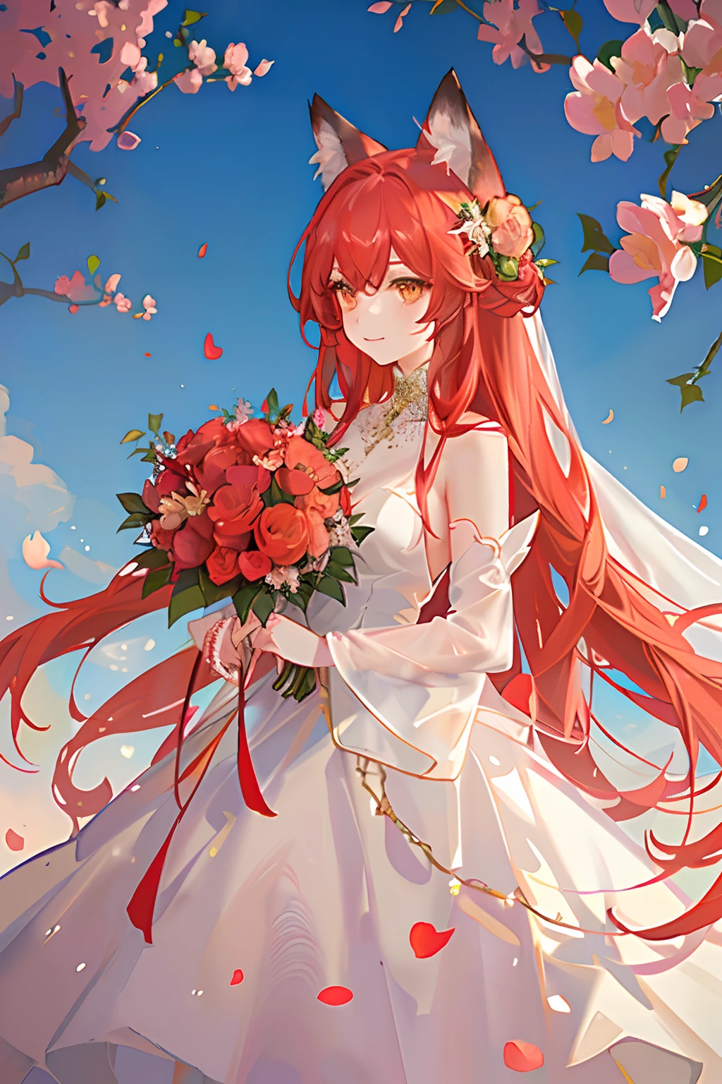 Red long-haired，Red fox ears，Golden eyes，wedding gown，flower bouquet，blossoms