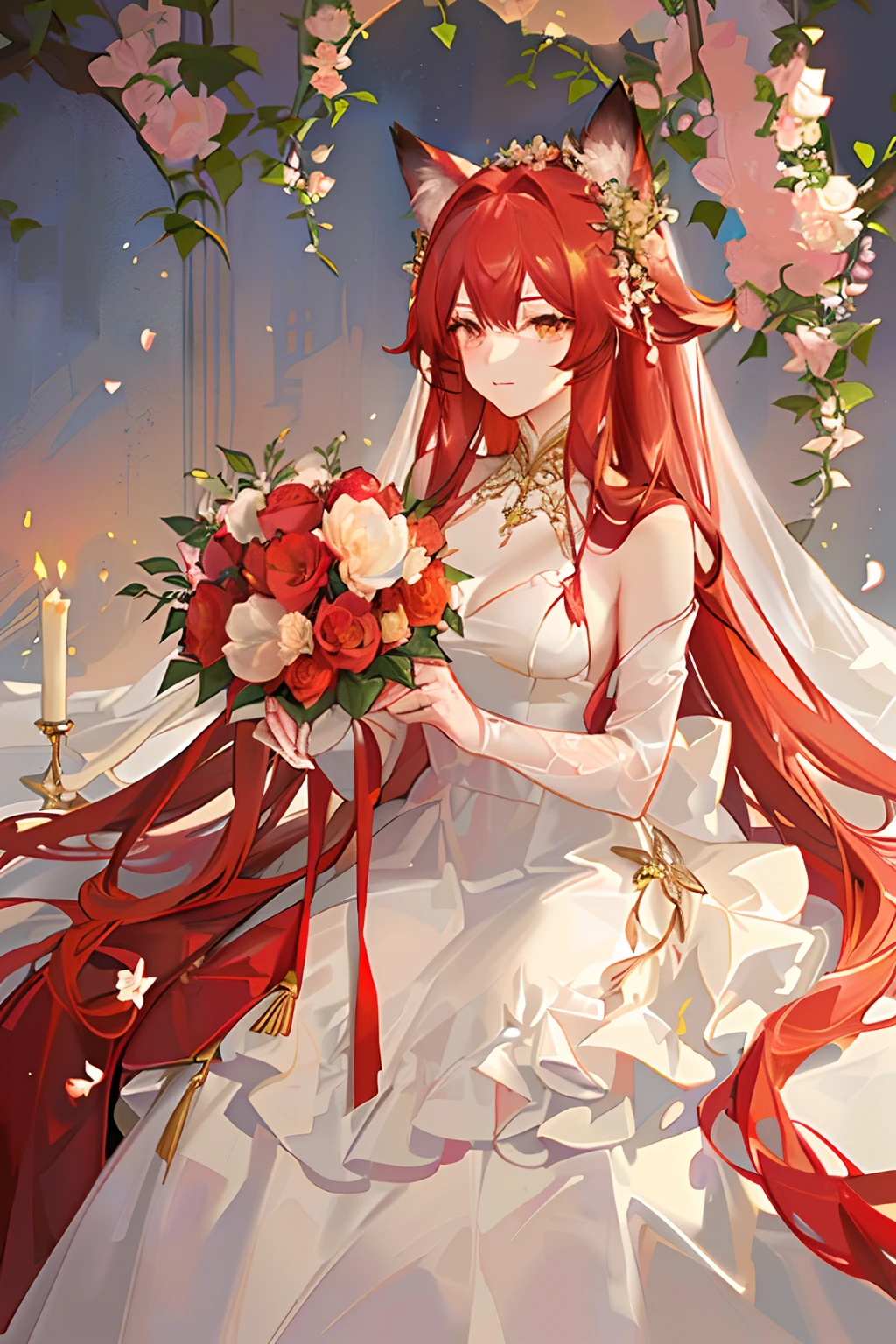 Red long-haired，Red fox ears，Golden eyes，wedding gown，flower bouquet，blossoms