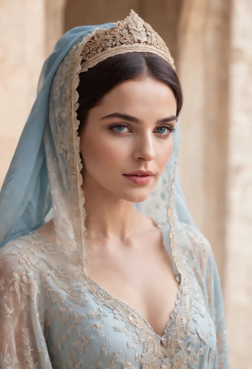 Black-haired woman ,Dresses are good.,Veil,Headgear,Dress-up,Grayish-blue eyes,white-skinned, Wear Women's White Costume Islamic Kaftan ;veiled,Fitness,Good dresses.,A beautiful , Amazigh jewellery in Andalusia's palaces looks forward,medium:oil painting,detailed clothes,Detailed structure,Detailed patterns on clothes,Flowing sheer dress,Best Quality,Hi-Res,ultra-detailed image,soft lighting,tranquil atmosphere,Beautiful colors.