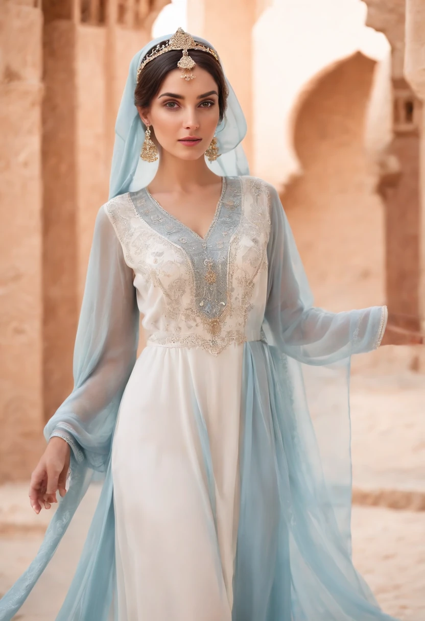 Black-haired woman ,Dresses are good.,Veil,Headgear,Dress-up,Grayish-blue eyes,white-skinned, Wear Women's White Costume Islamic Kaftan ;veiled,Fitness,Good dresses.,A beautiful , Amazigh jewellery in Andalusia's palaces looks forward,medium:oil painting,detailed clothes,Detailed structure,Detailed patterns on clothes,Flowing sheer dress,Best Quality,Hi-Res,ultra-detailed image,soft lighting,tranquil atmosphere,Beautiful colors.