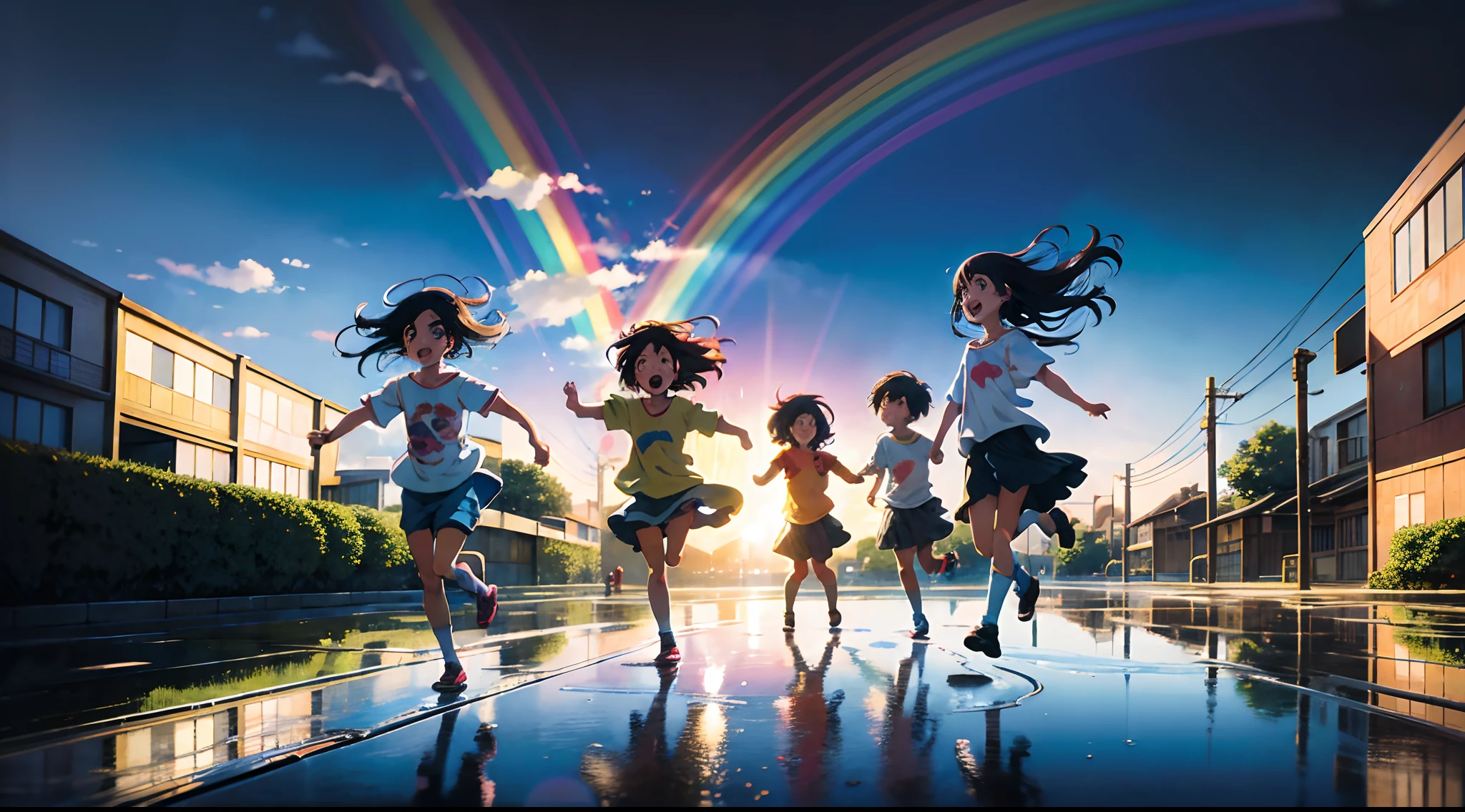 An Anime-style illustration capturing the pure excitement of children playing in a puddle. Pay special attention to children's expressions and movements. Make the rainbow in the background vibrant and mesmerizing with soft, pastel colors. Artists: Satoshi Kon, Mamoru Hosoda