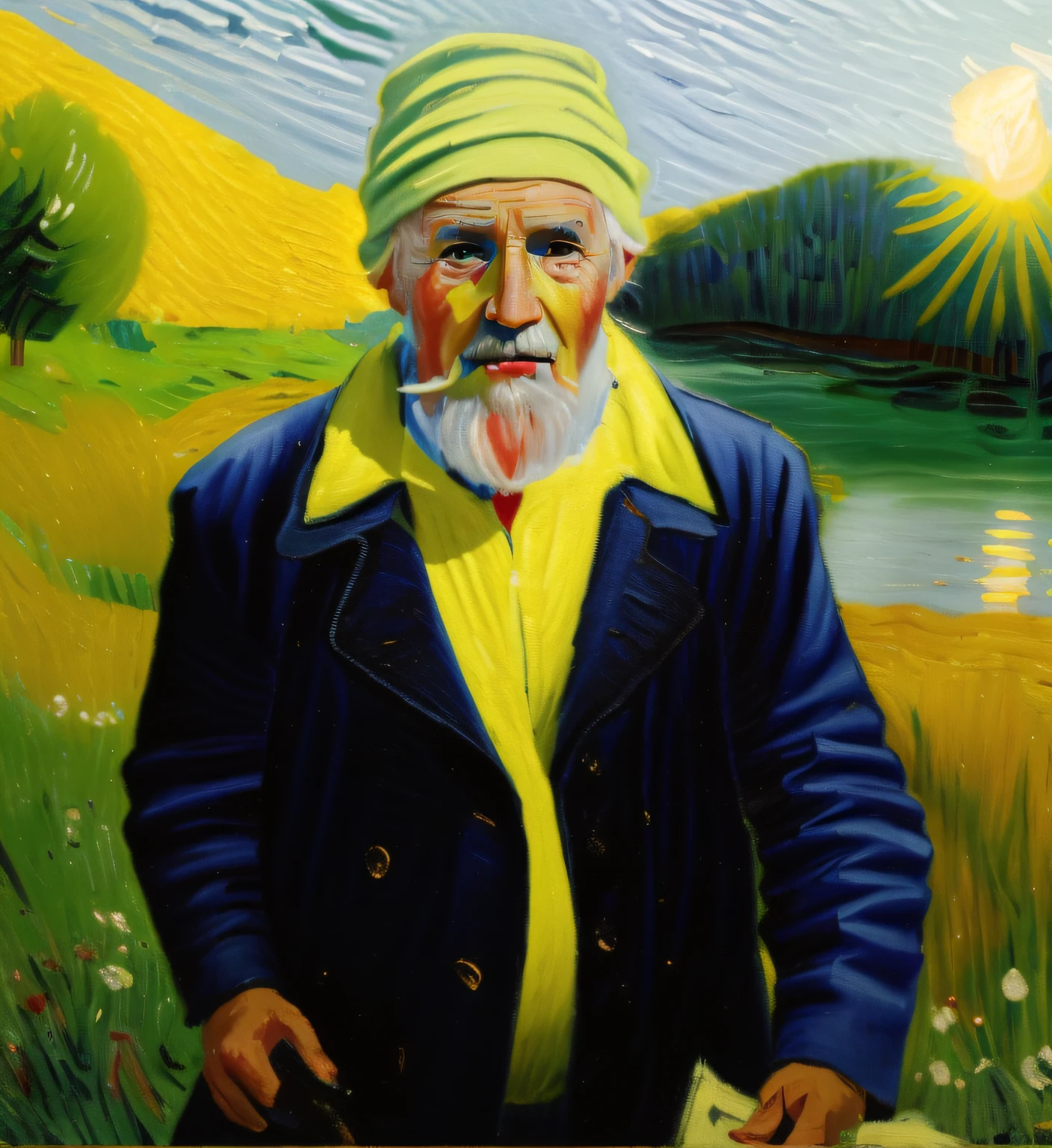 (best quality,ultra-detailed,realistic:1.37),beautiful vibrant colors,lively blue and yellow,old man with a cap in a field