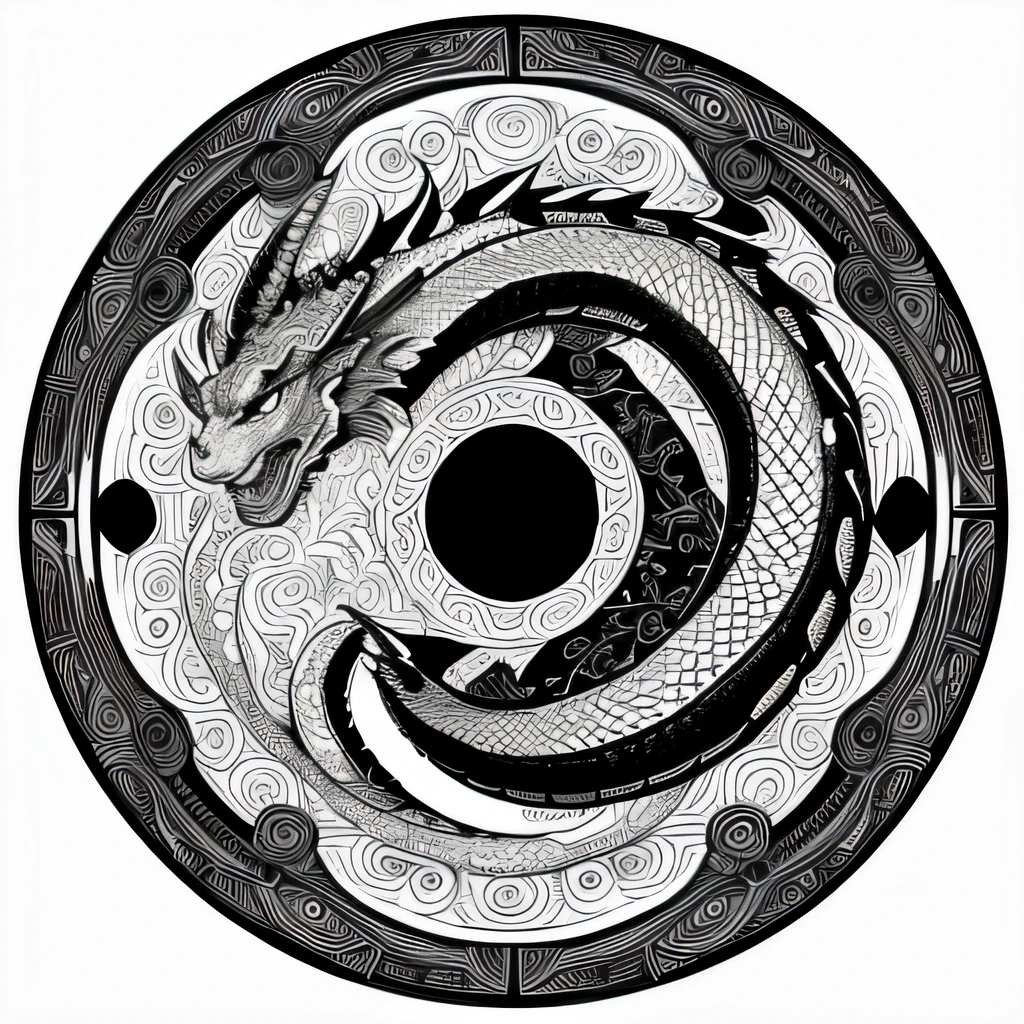 Dragon Center Potriite, Frontal Face、Black and white, Chinese style、Zentangle、((Flying dragon face in a circular motion))、 (Best Quality) ,Monotonous line art, Coloring book illustration style, simple line art, very detailed illustration, Perfect composition, Beautiful and stunning shades are clearly drawn, Unique style, Black and white details, (Dragon character)