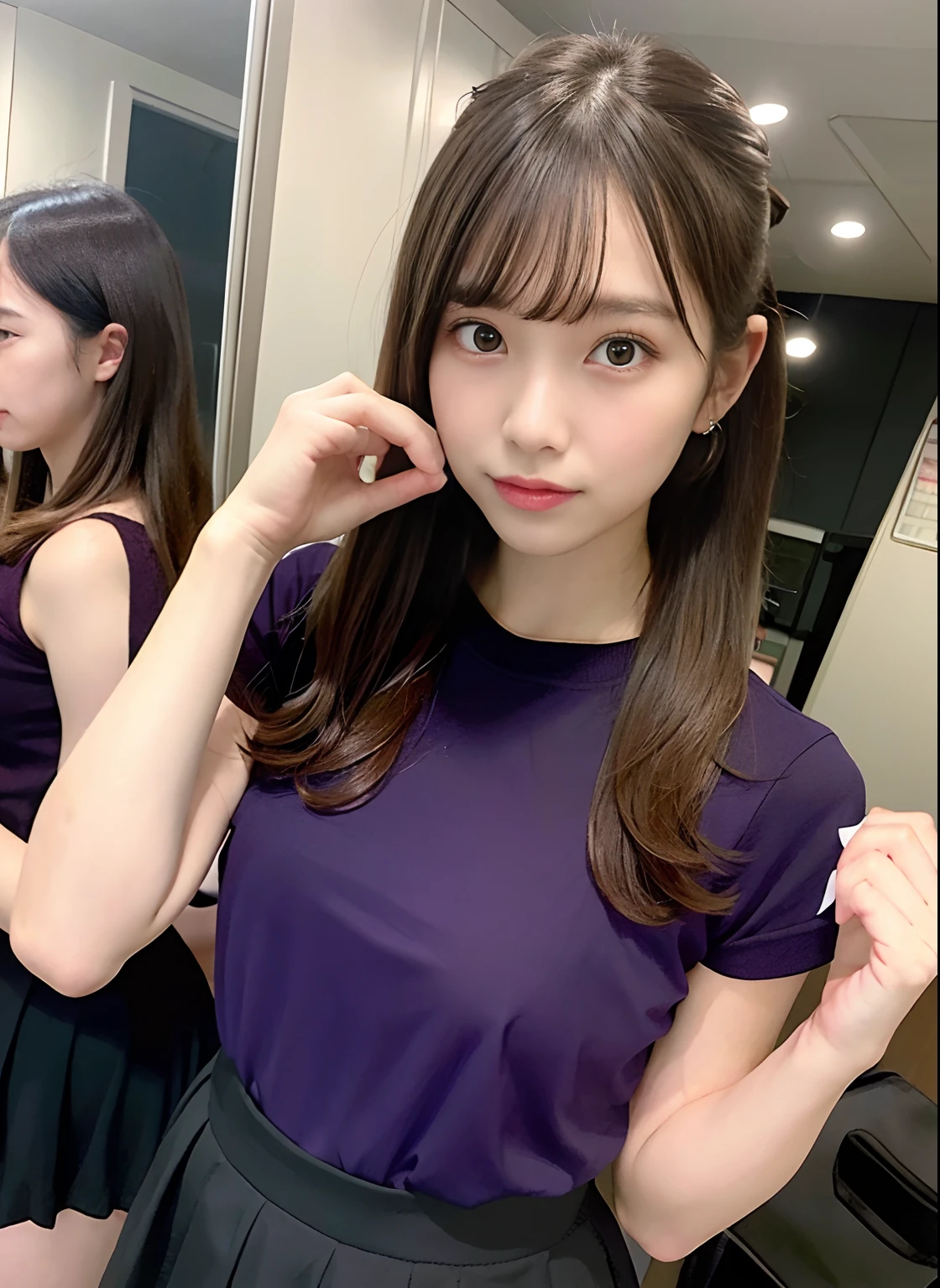 ,C Cup,gal make,,Dark night background,Dark and low image quality,Purple shirt,With a friend girl,‎Classroom,tight skirts,Girl in the mirror,poneyTail,,Brown hair,