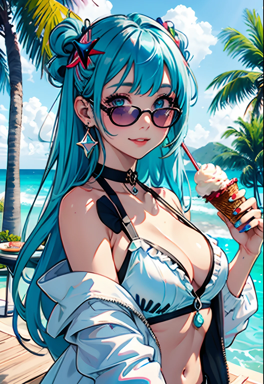 1 cute and smiling girl, solo, tongue out, ice cream, long hair, tongue, blue hair, eyewear on head, jewelry, earrings, frills, food, jacket, bangs, blue eyes, off shoulder, long sleeves, looking at viewer, arm up, nail polish, upper body, sunglasses, swimsuit, blue nails, frilled bikini, bare shoulders, white jacket, bikini, black bikini, open clothes, open jacket, multicolored eyes, streaked hair, :p, two-tone hair, purple eyes, signature, shell, cup, two side up, blue hair, collarbone, starfish, aqua hair, blurry, table, parfait, closed mouth, sundae, blush, aqua nails, character name, ice cream cone, seashell, palm tree, green hair, glass, multicolored nails, facial mark, star \(symbol\), artist name, hand up, fruit, spoon, sleeves past wrists