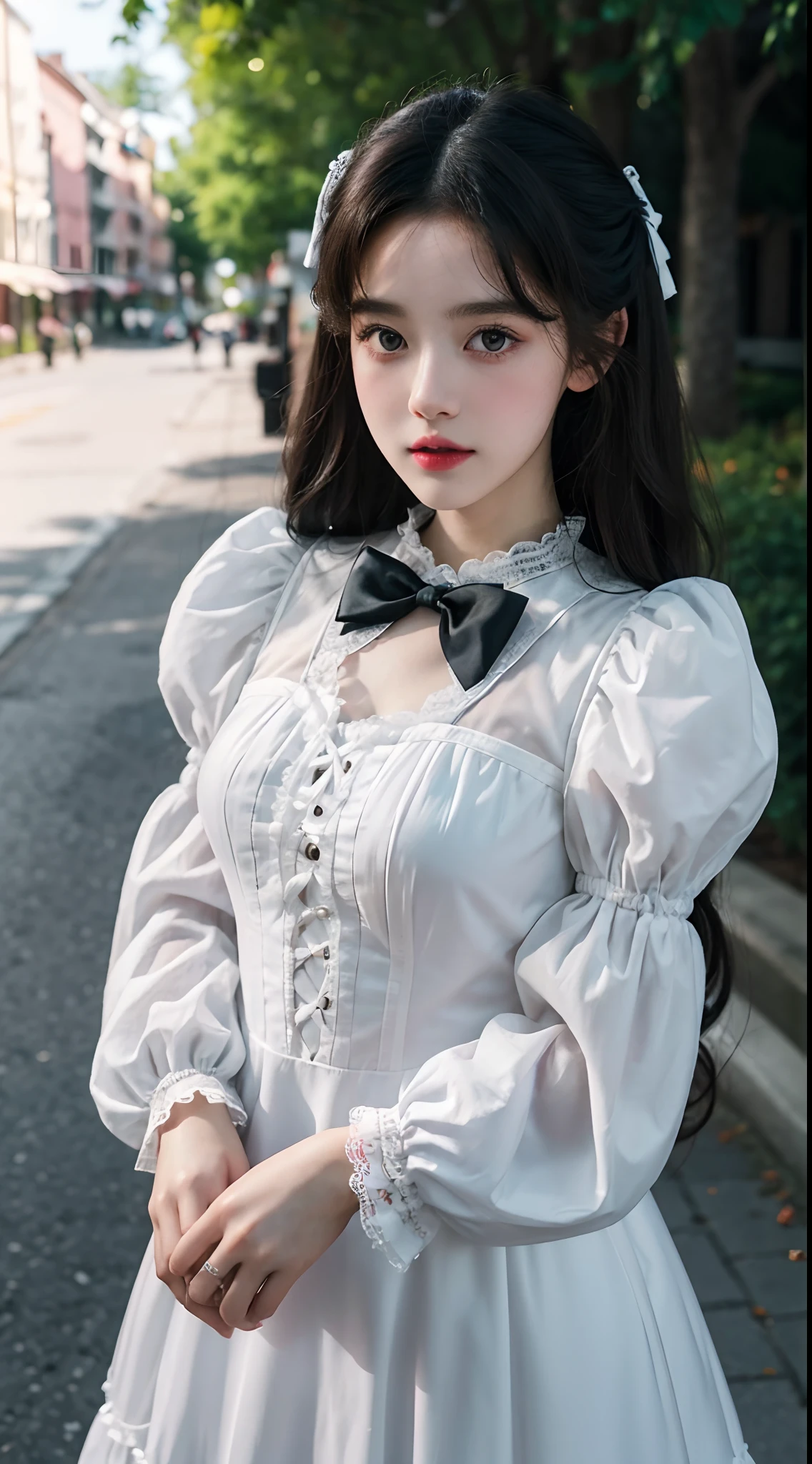 (Best quality,16k,High resolution photography:1.2), Lolita style, Wearing Lolita clothes, （Lolita style clothing，Lace is included in the requirements、Elements such as bows and puff sleeves，And presents elegant and cute features）,Korean and Japanese beautiful girls, Street background, Vibrant colors, Detailed eyes and lips, Ultra-fine painting, Sharp focus, Studio lighting