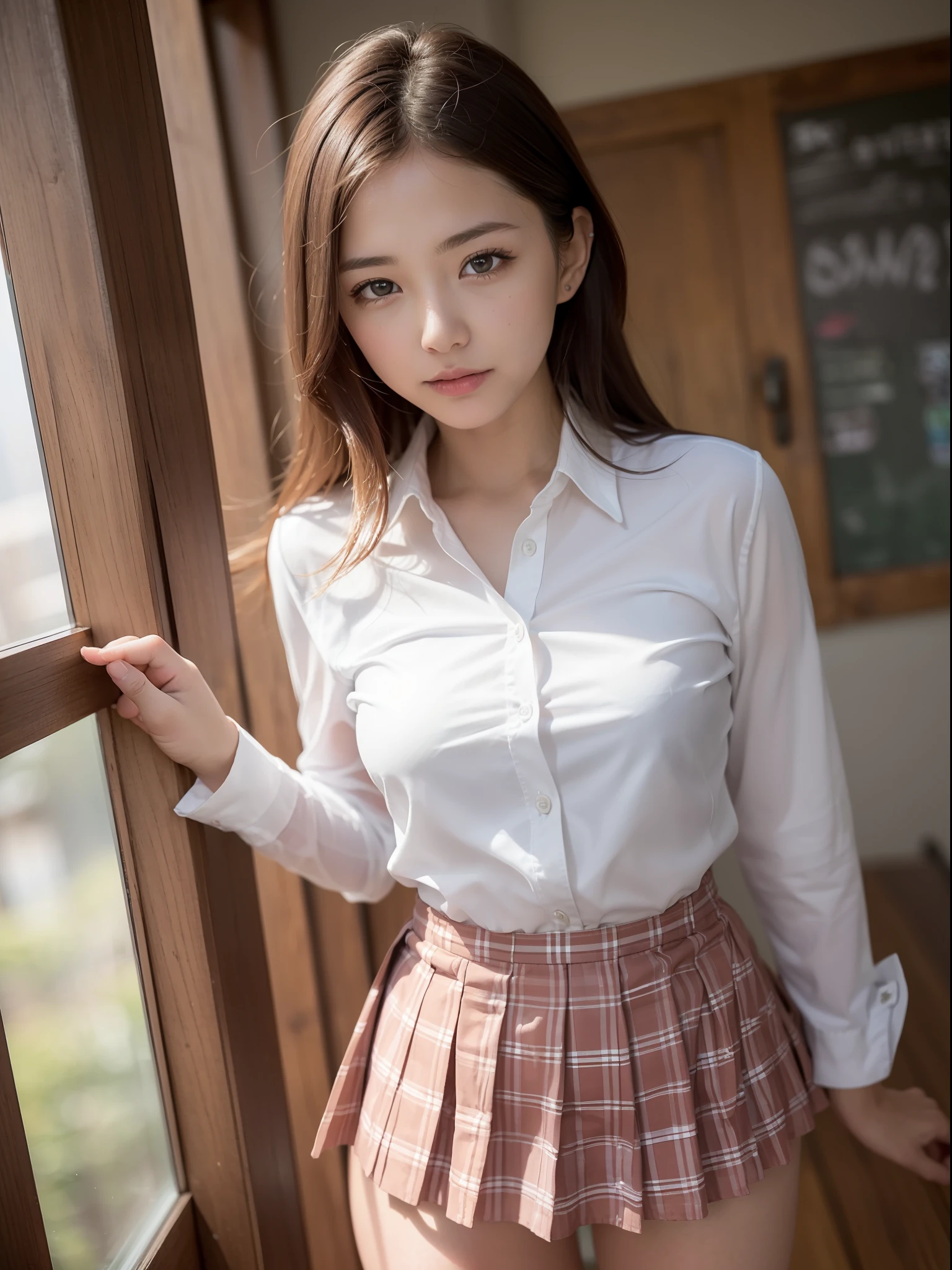 ((of the highest quality, 8K, masutepiece: 1.3, Raw photo)), Sharp Focus: 1.2, (1 AESPA Girl :1.1), Solo, (Realistic, Photorealistic: 1.37), (Face Focus: 1.1), Cute face, hyperdetailed face, Short messy hair, Small Smile, Small breasts, flat chest, nude, (chiffon school uniform: 1.3), Roll up the check skirt, (((See all panties))), (((The skirt is definitely worn))), (((Lift skirt hem)))、panties focus, (((Lifting skirt while standing to show off panties to camera))), Thigh, (class room: 1.2), flower, Cattleya