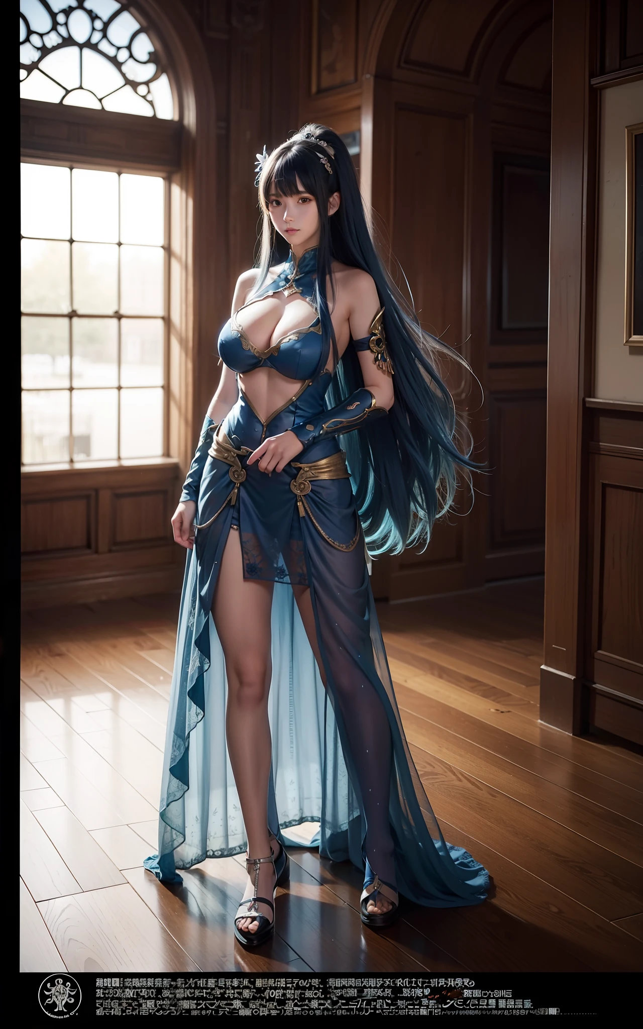 Long blue hair,hentail realism, shadowing,，character sheets, reference sheet, Standing painting, 8K, Super detail, 1080p, Women's HD，femele, 16k, A high resolution, Best quality, High quality, Anatomically correct, Masterpiece, ccurate, hyper HD，As graceful as a swan，unreal-engine， Ghibli-like colors,   anime big breast,  Standing painting, angle of view,battle armor，ssee-through，Lace skirt，Fluorescence