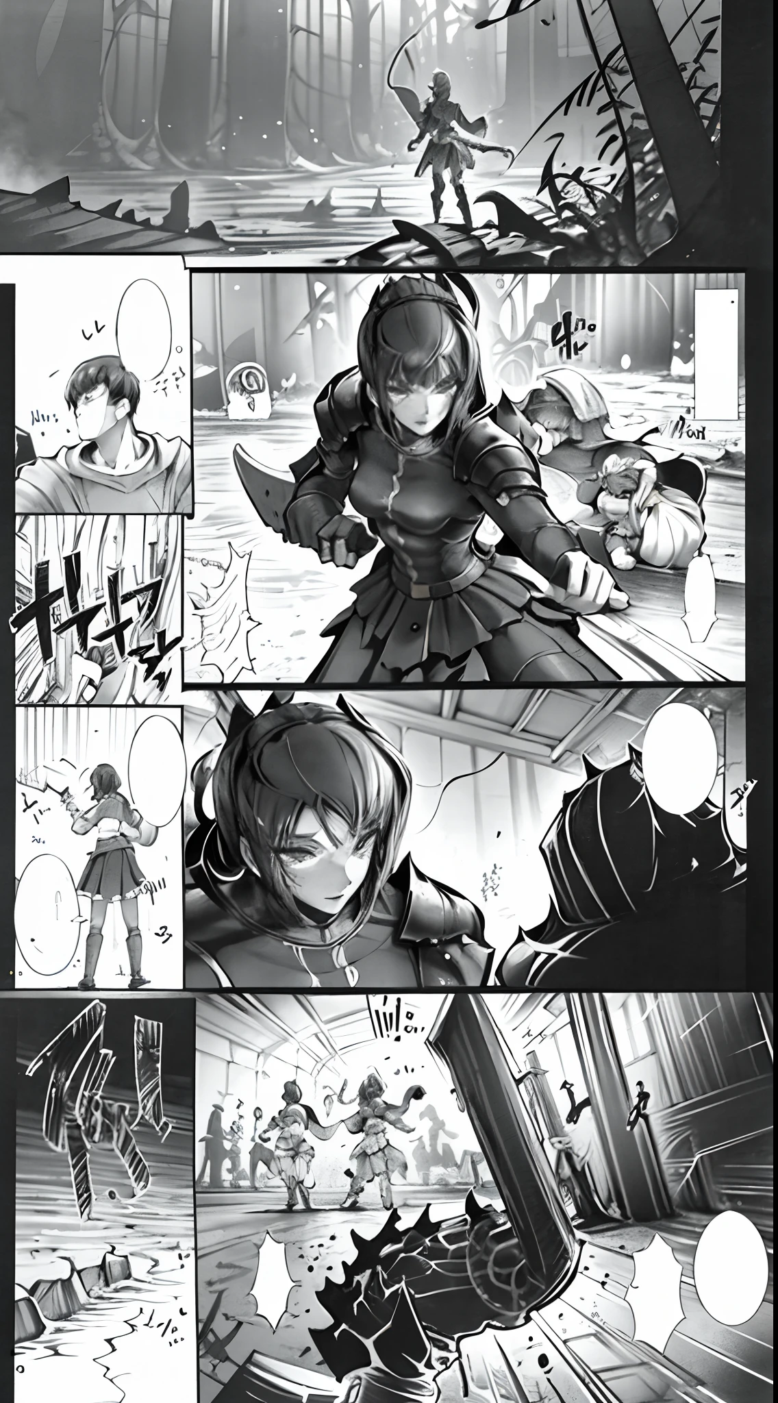 comic strip,Cartoon Split,Storyboard,Castle,sorceress woman,cawing ravens,raining day,water bloom,standing water